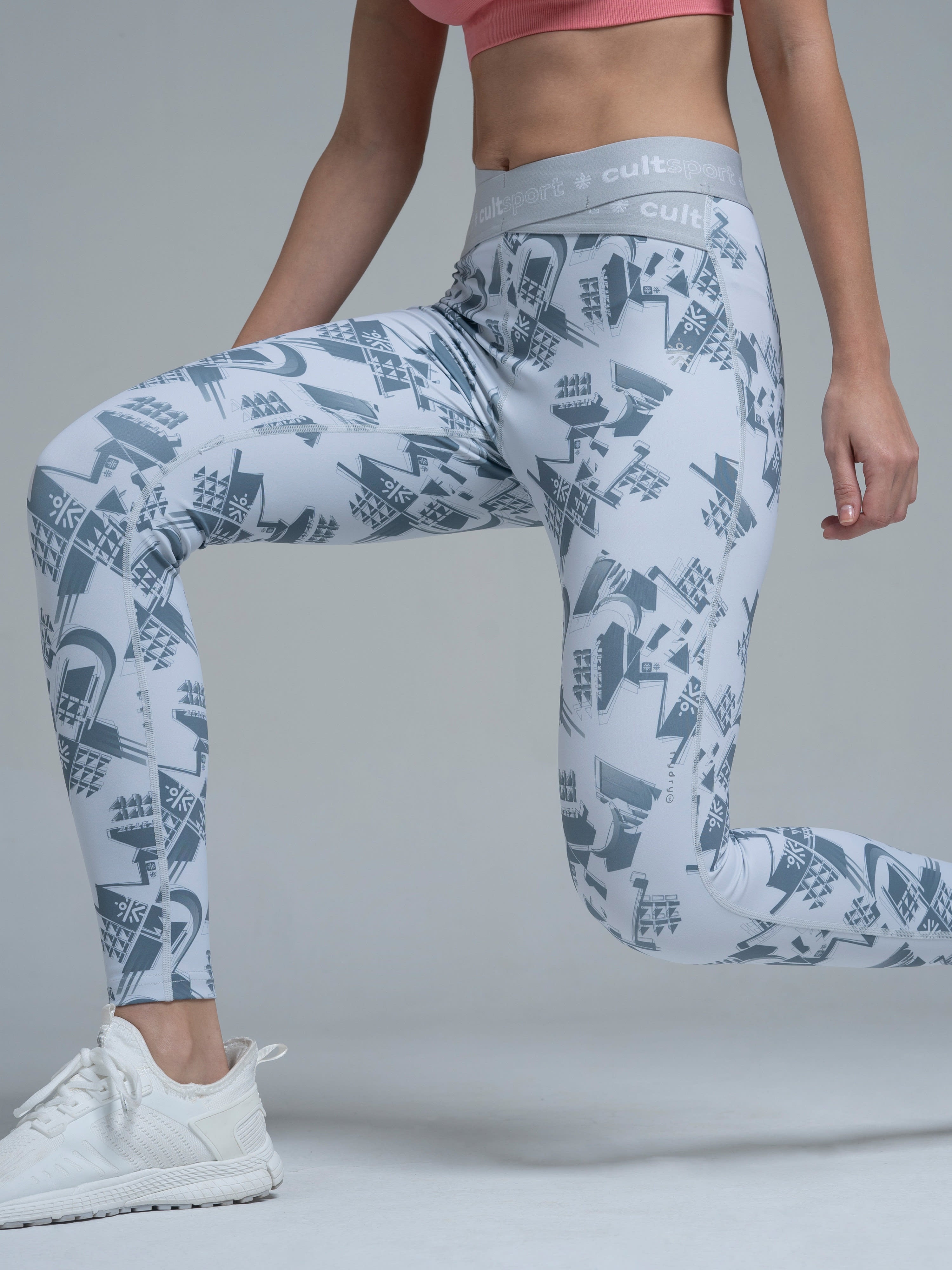 Absolute Fit Cross Waist Abstract Grey Print Tights
