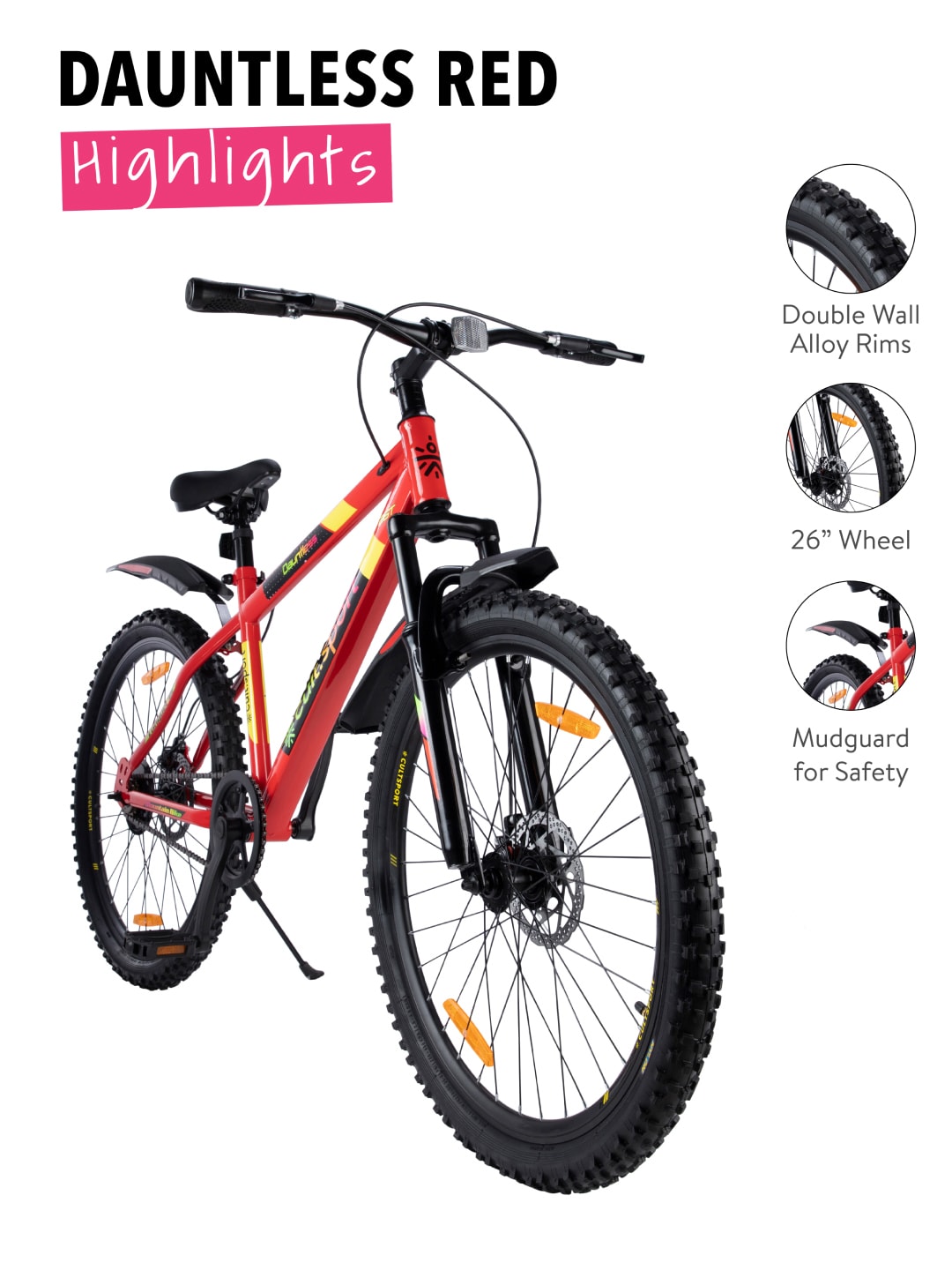 Dauntless26Red Steel Single Speed 26 inch Mountain Cycle, Front Suspension, Double Wall Rim and Dual Disc Brake