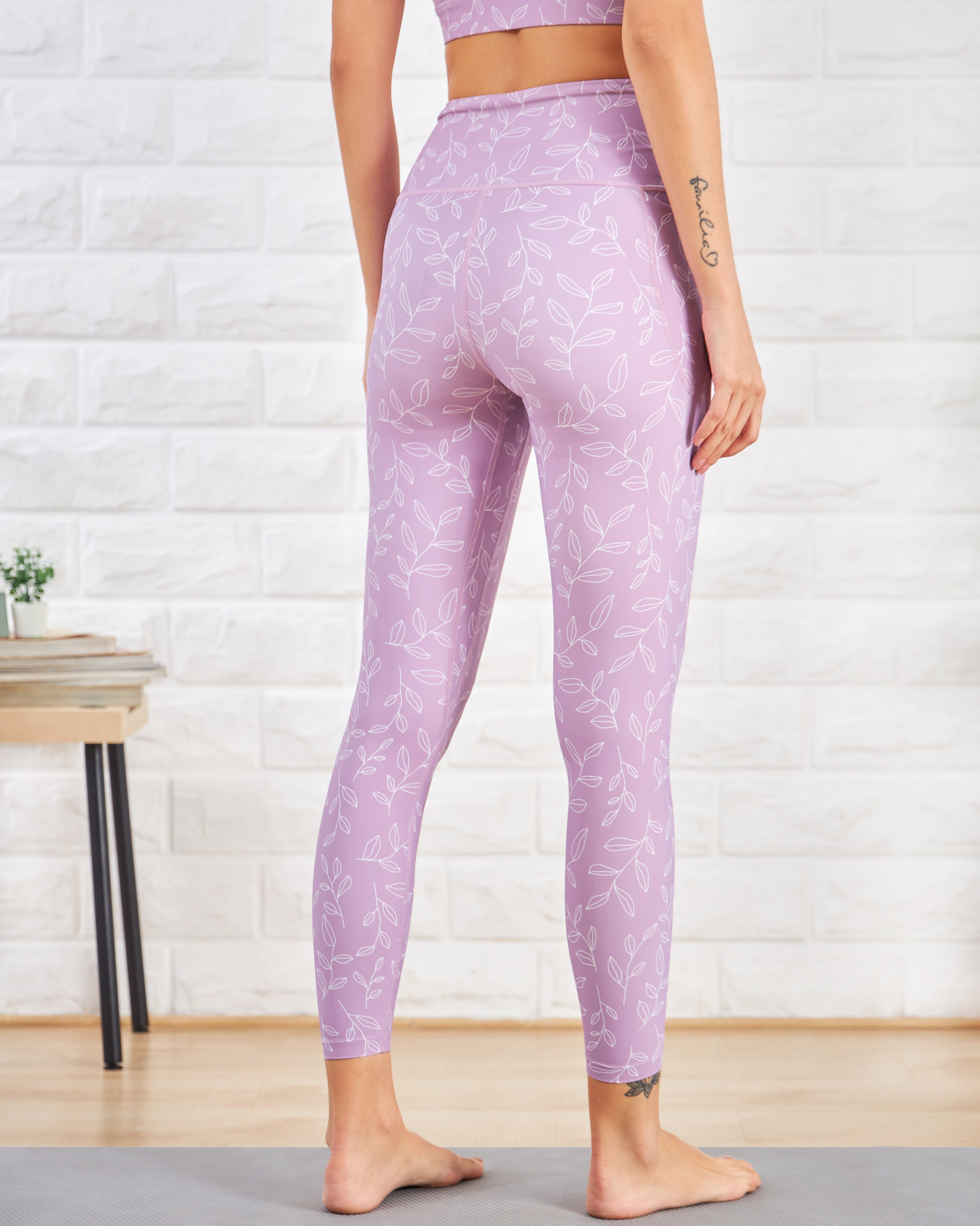 Leaf Print Yoga Tights with Side Pocket