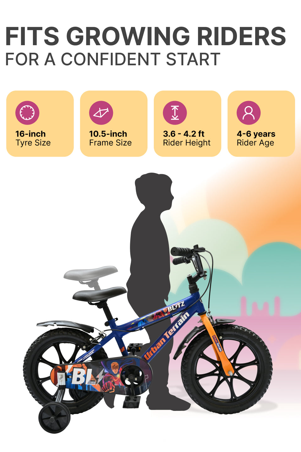 Urban Terrain Blitz Cycles 16T for Boys/Girls Kids Ages 4 to 6 Comes with Training Wheels (Blue)