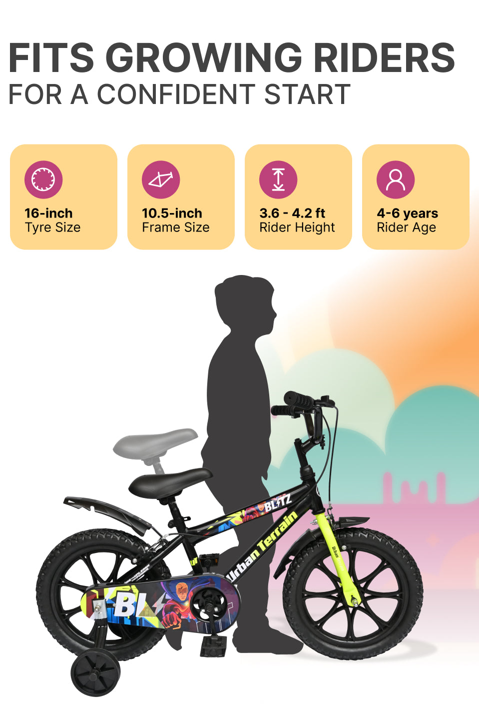 Urban Terrain Blitz Cycles 16T for Boys/Girls Kids Ages 4 to 6 Comes with Training Wheels (Black, Green)