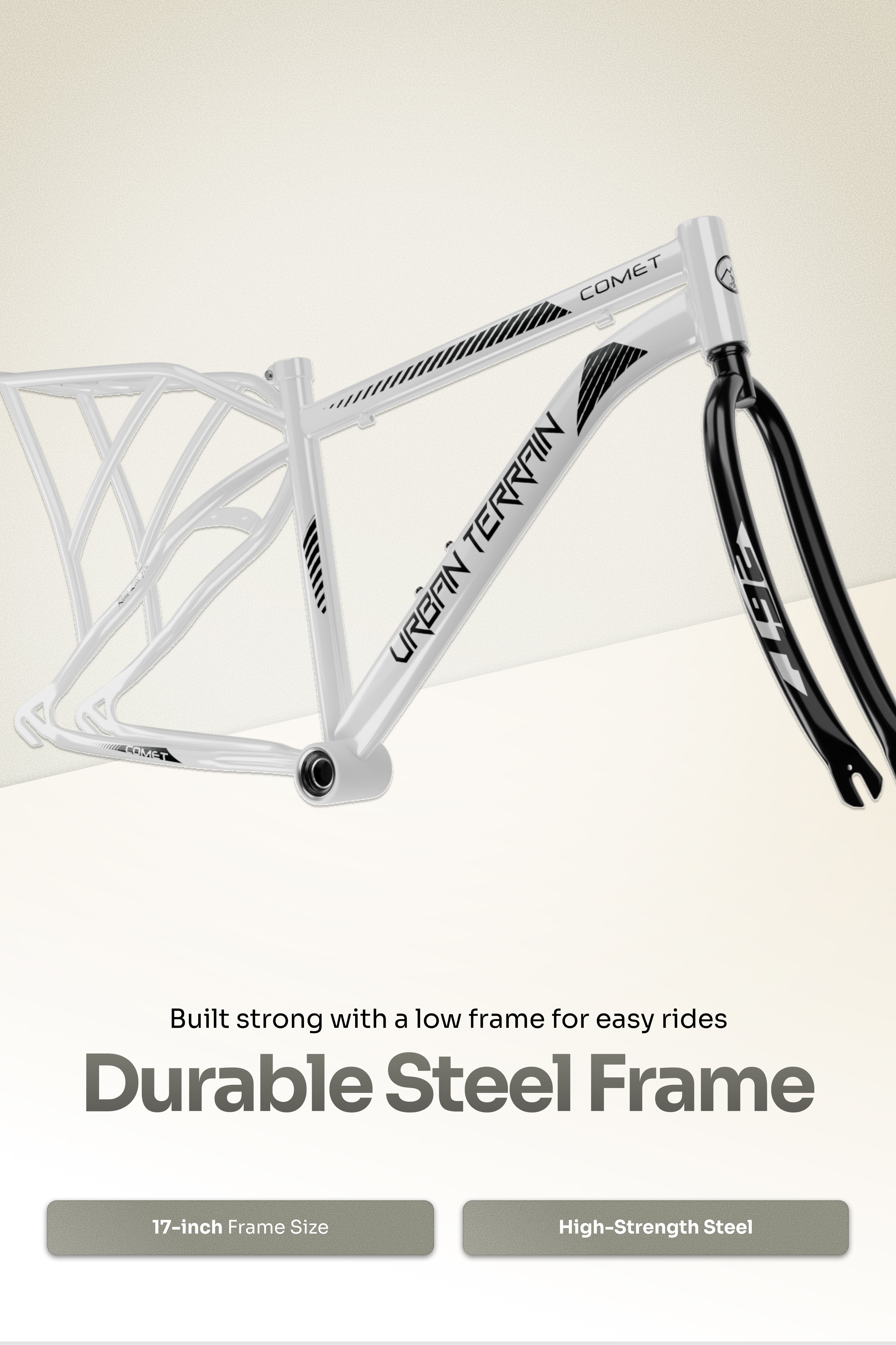 Urban Terrain Comet 26T Single Speed Steel Mountain Bike with Inbuilt Carrier (White)