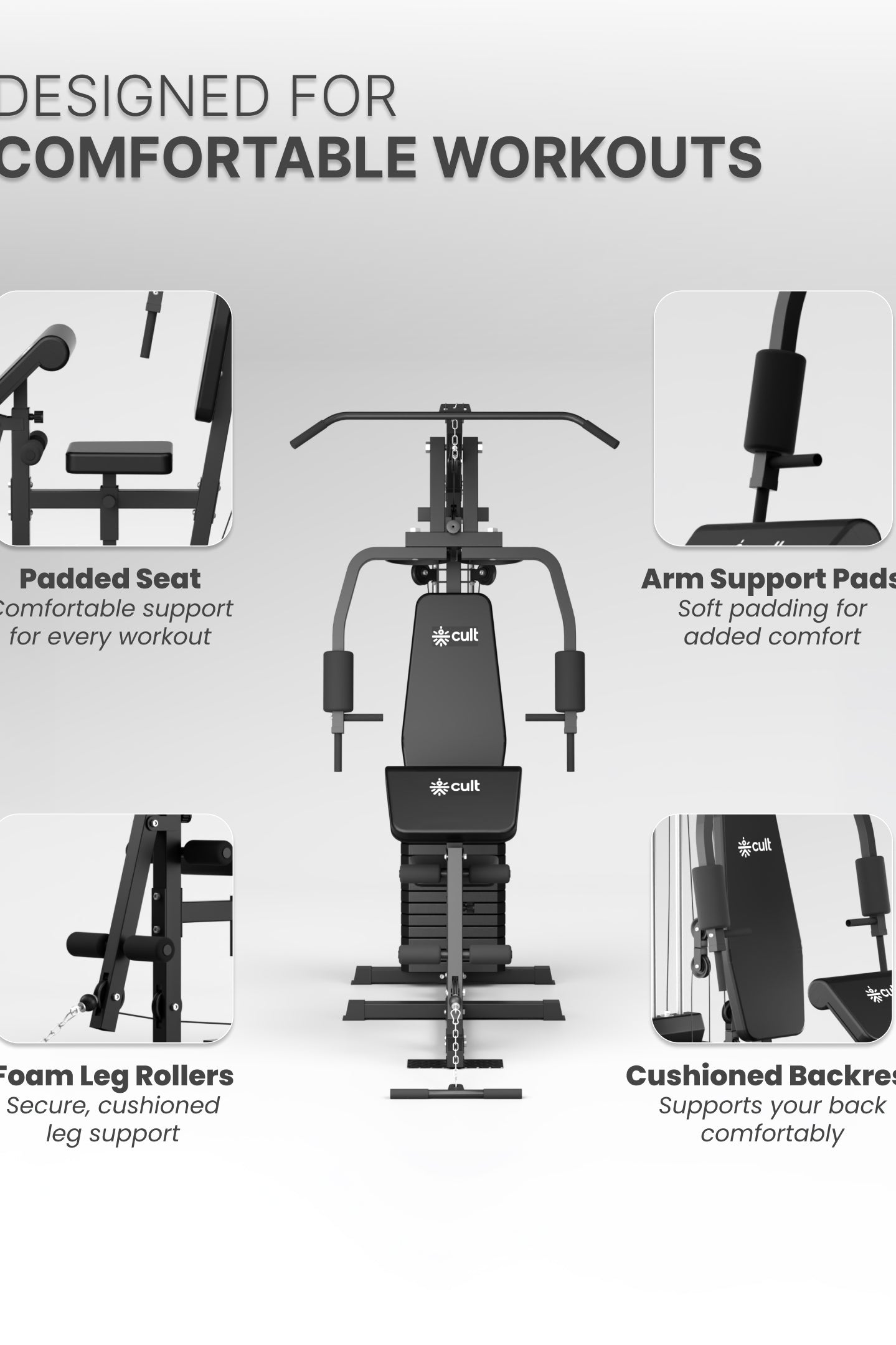 Cult Home Strength Multi Gym Machine | 45 kg Weight Stack | Multi Exercises | High, Mid & Low Pulley | Adjustable Seat | All-in-One Home Gym Equipment for Full Body Strength Training