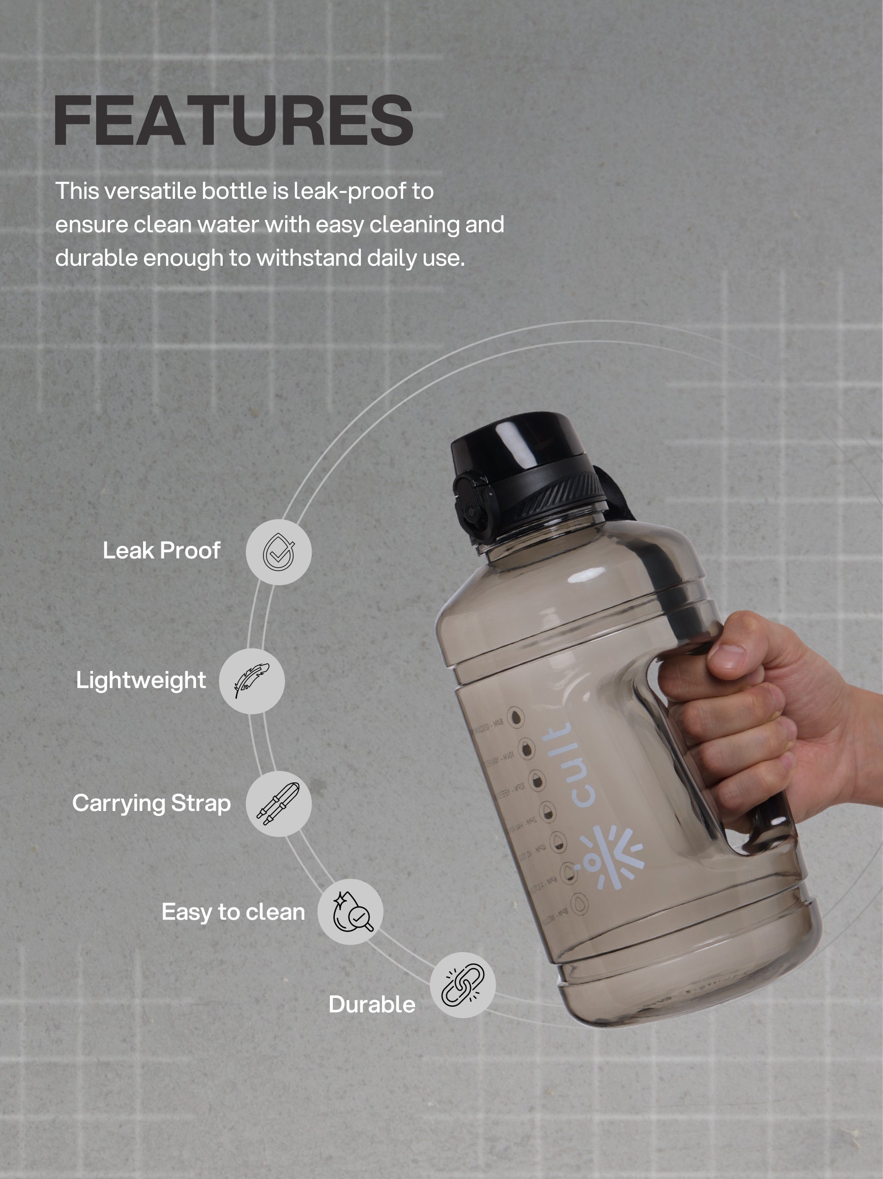 cult 2.2 Litre Water Bottle Gym Gallon Water Bottle Gym Bottles For Men & Women Big Water Bottle Sports Water Bottle Plastic Water Bottle Black