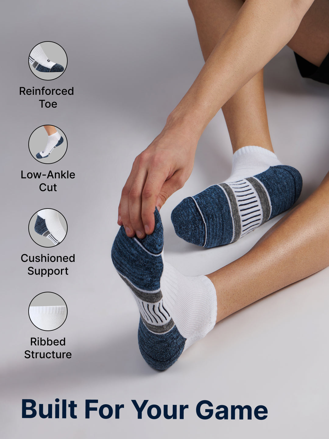 Sports Low Ankle Pack of 3 Grey,White & Black Men's Cotton Socks