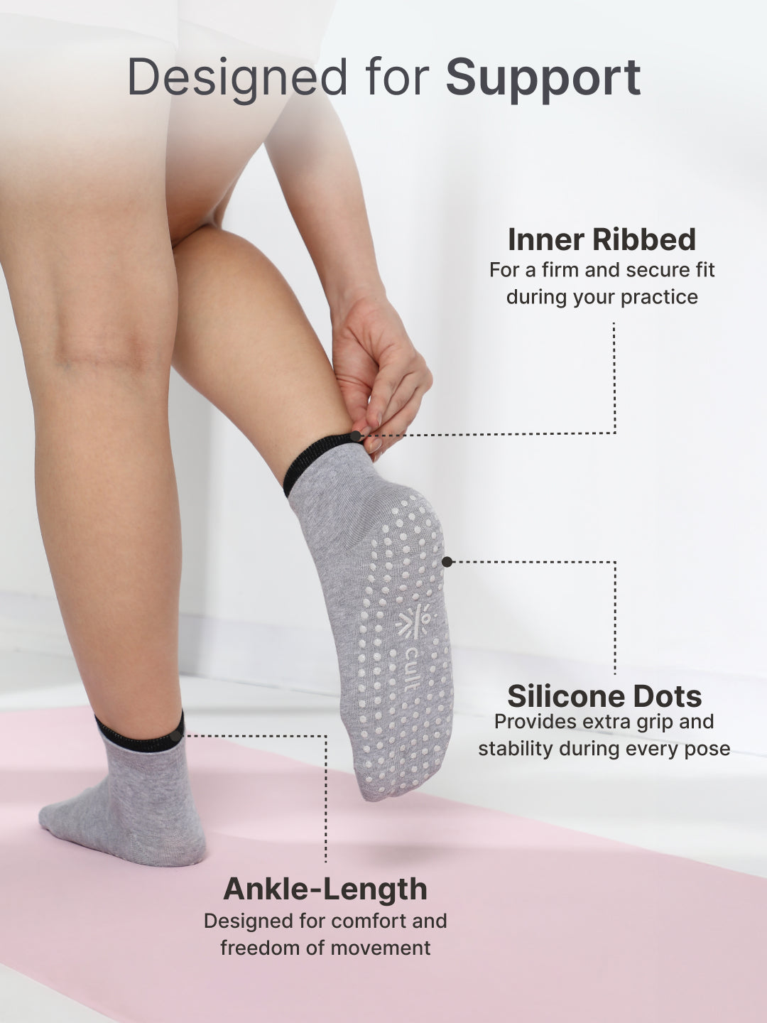 Yoga Anti-skid Ankle Length Pack of 2 Grey & Black Unisex Cotton Socks