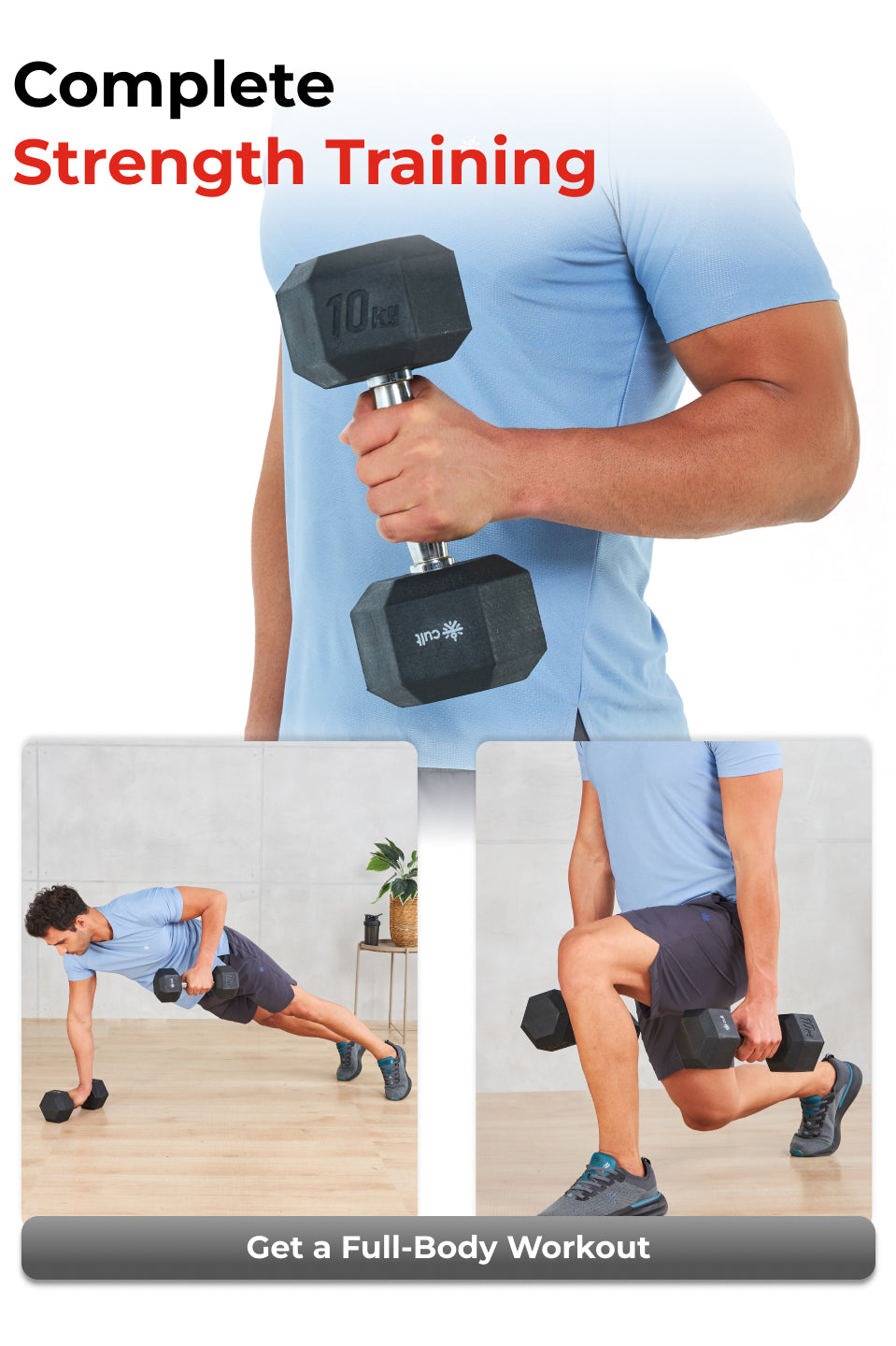 Cult 10Kg Hex Dumbbells For Home & Gym Exercises, Set of 2, (Black)