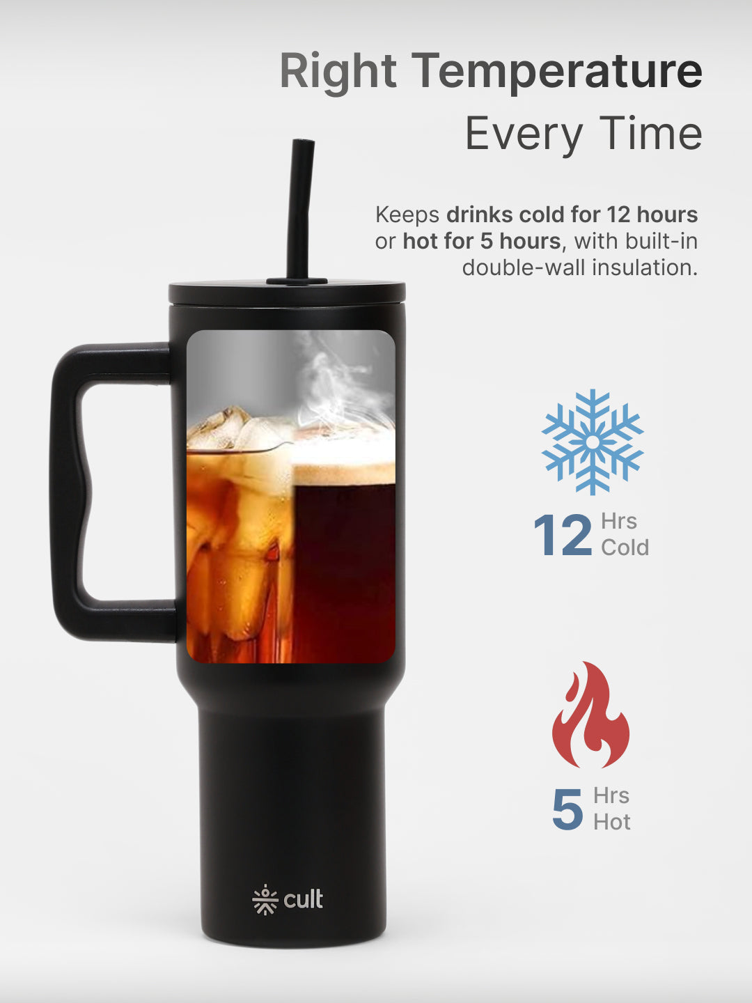 cult Steel Tumbler Double Vaccum Insulated for Hot and Cold 1200 ml Unisex Black with Straw