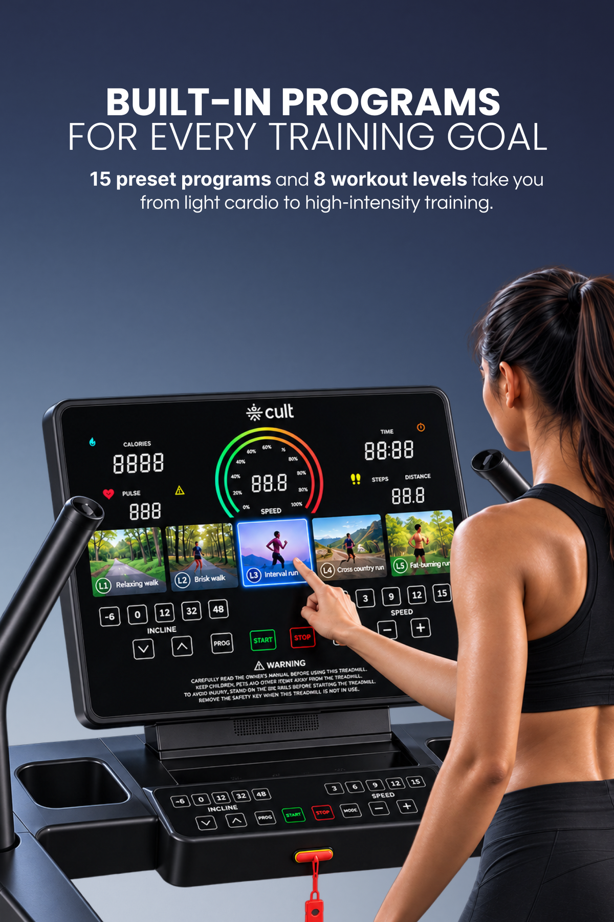 Cult Optima Motorized Treadmill | 48 Levels Incline & 6 Level Decline| Max Speed - 22 km/hr | Max Weight - 150kgs | Shock Absorption for Knee Protection | LED Touchscreen | Wireless Charging | Black