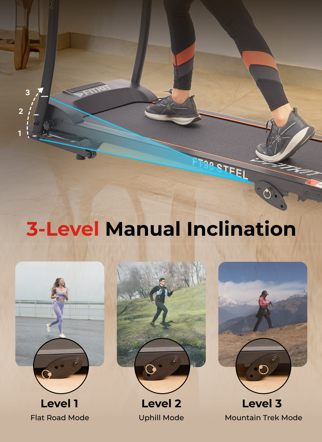 FT98Steel 3HP Treadmill | 3-Level Manual-Incline | Max Speed-12.8kmph | Max Weight-100kg (with 6 months extended warranty)