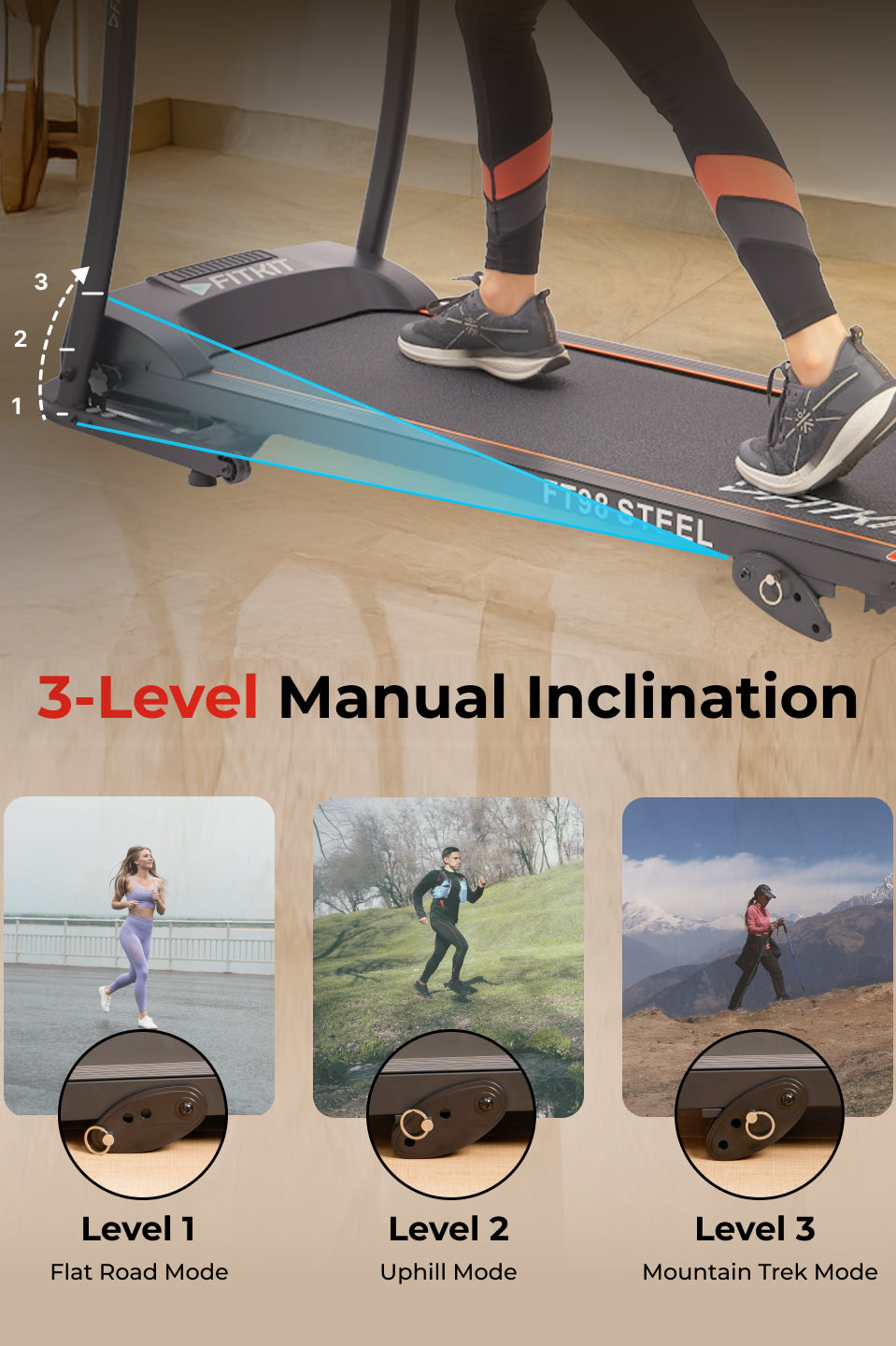 FT98Steel 3HP Treadmill | 3-Level Manual-Incline | Max Speed-12.8kmph | Max Weight-100kg (with 6 months extended warranty)