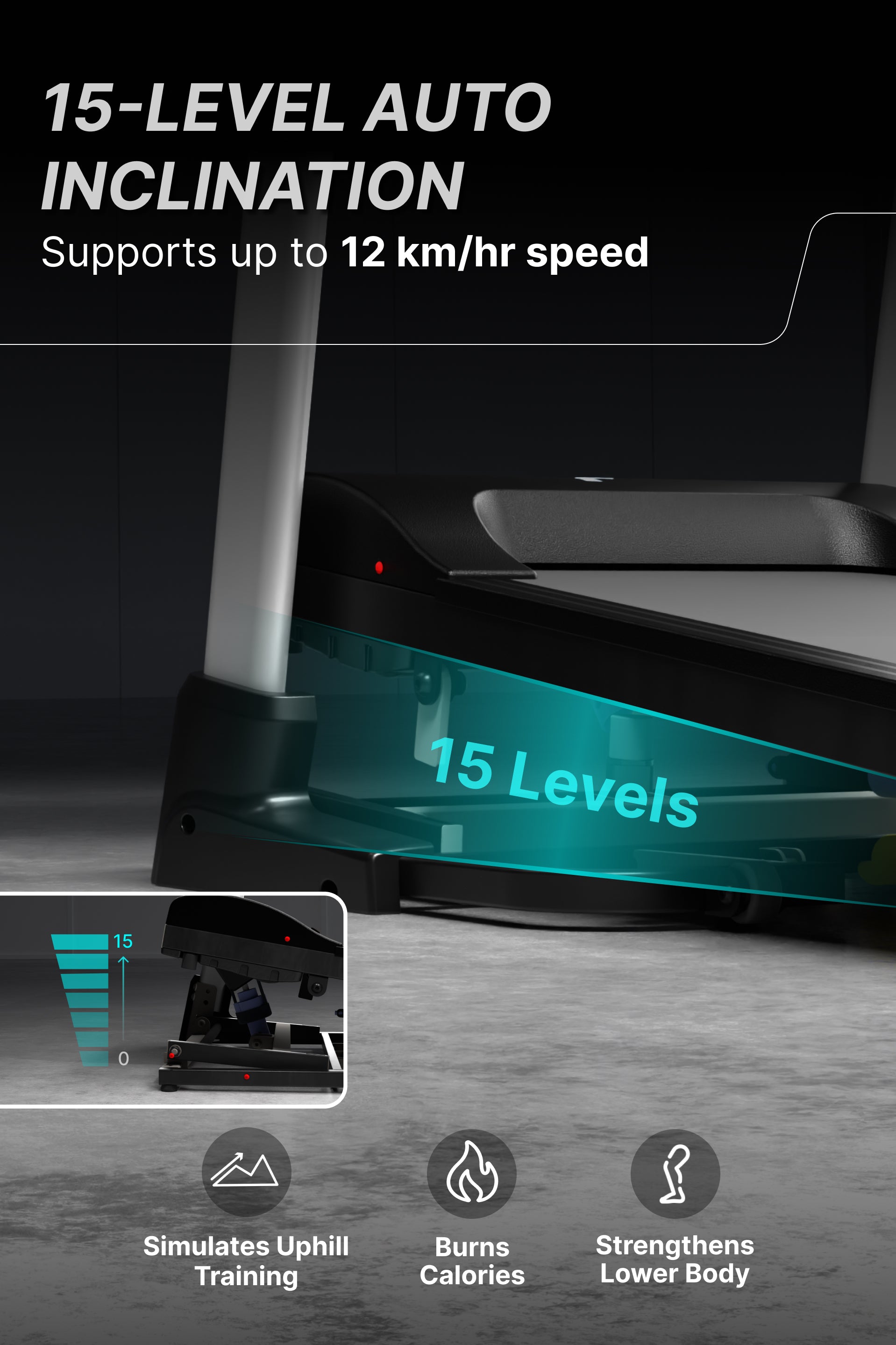 Fitkit by Cult FT100 Smart Incline Motorised Treadmill | 4.5 HP BLDC Motor | 110kg Capacity | 15-Level Auto Incline | 12 km/hr Speed | Foldable & Easy-Move Wheels | 12 Preset Workout | Ideal for Home Use (with 6 Months Extended Warranty)