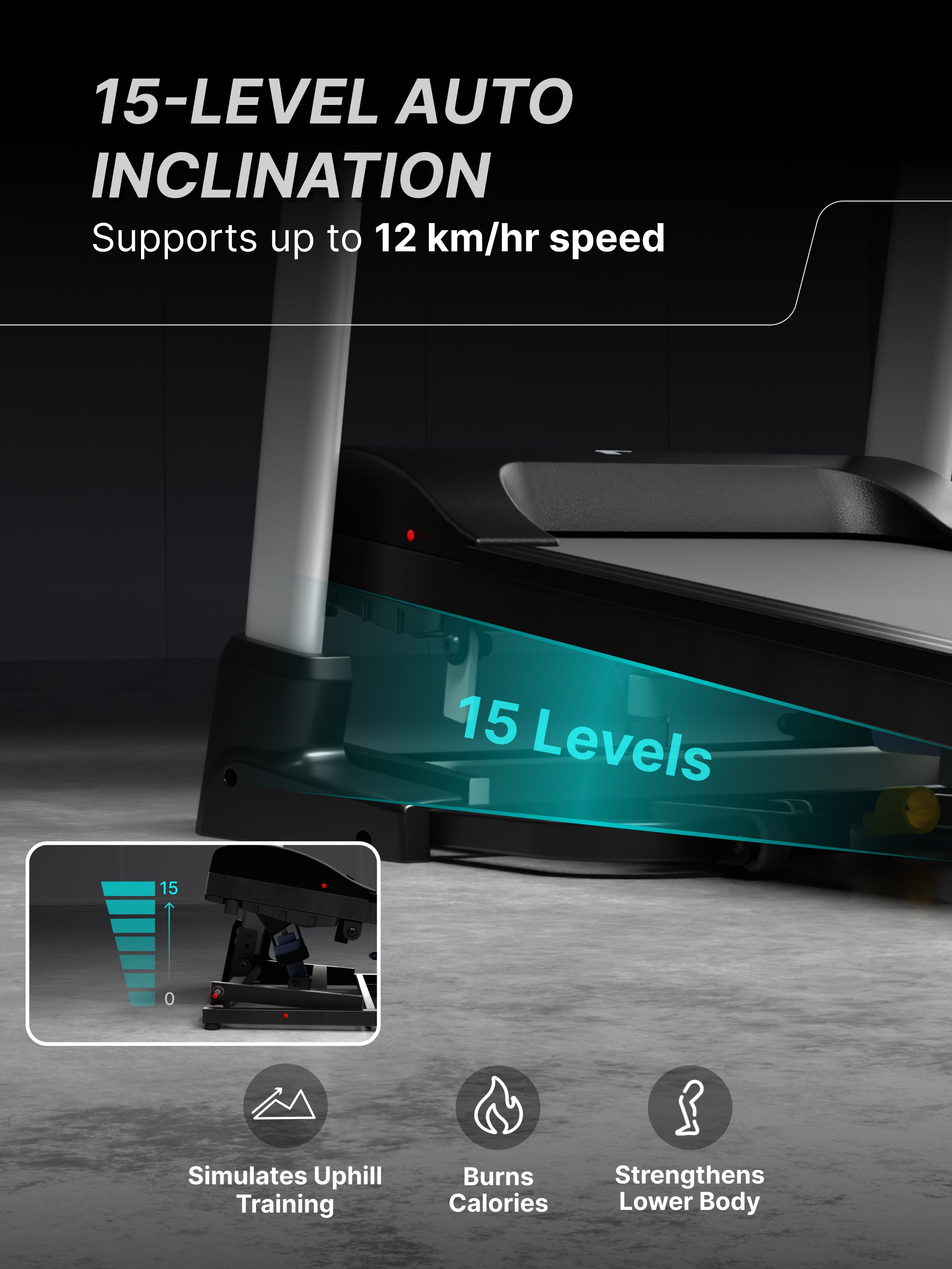 Fitkit by Cult FT100 Smart Incline Motorised Treadmill | 3HP BLDC Motor | 110kg Capacity | 15-Level Auto Incline | 12 km/hr Speed | Foldable & Easy-Move Wheels | 12 Preset Workout | Ideal for Home Use