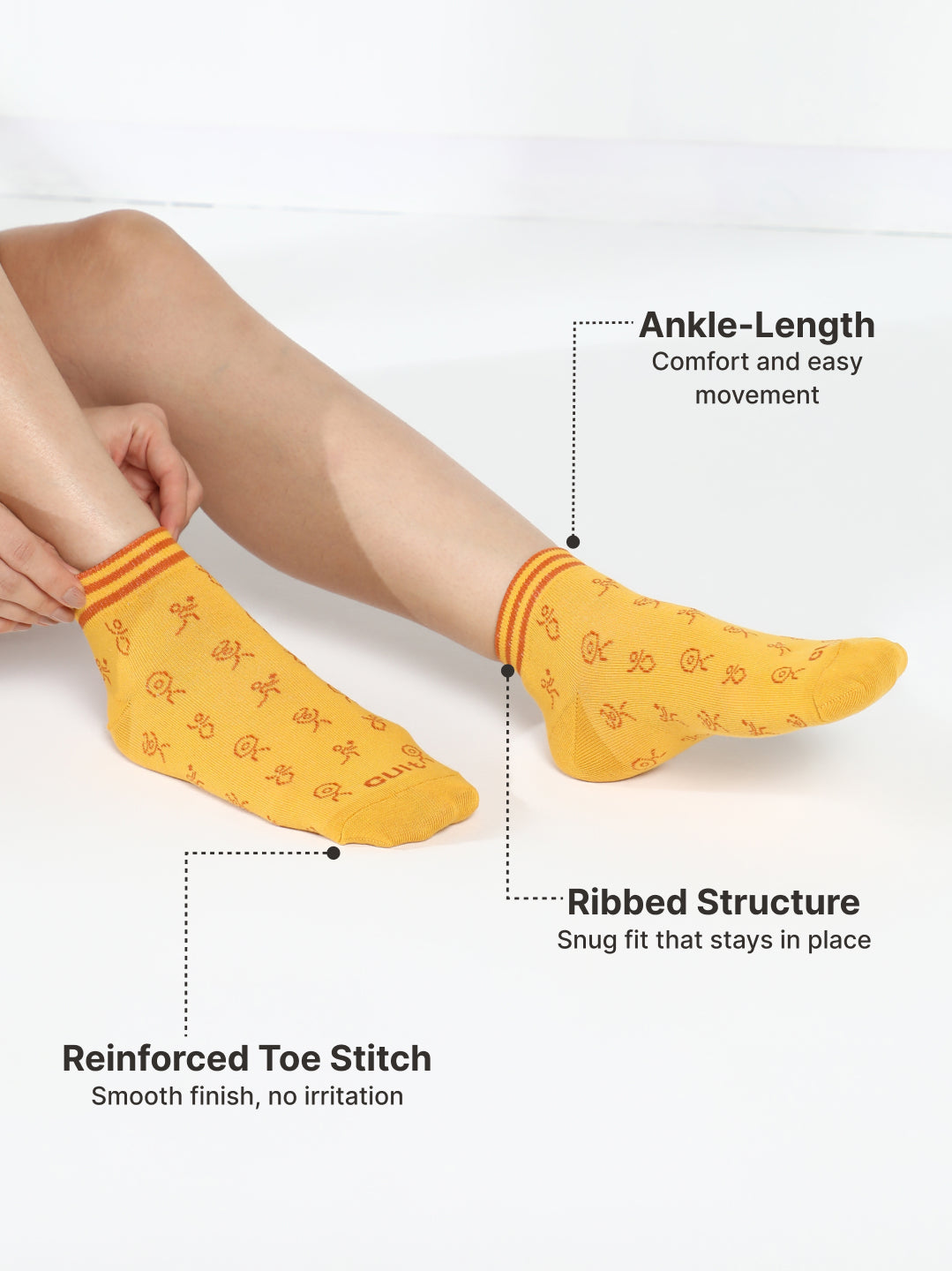 Casual Ankle Length Pack of 3 Mustard,Off White & Rust Patterned Women's Socks