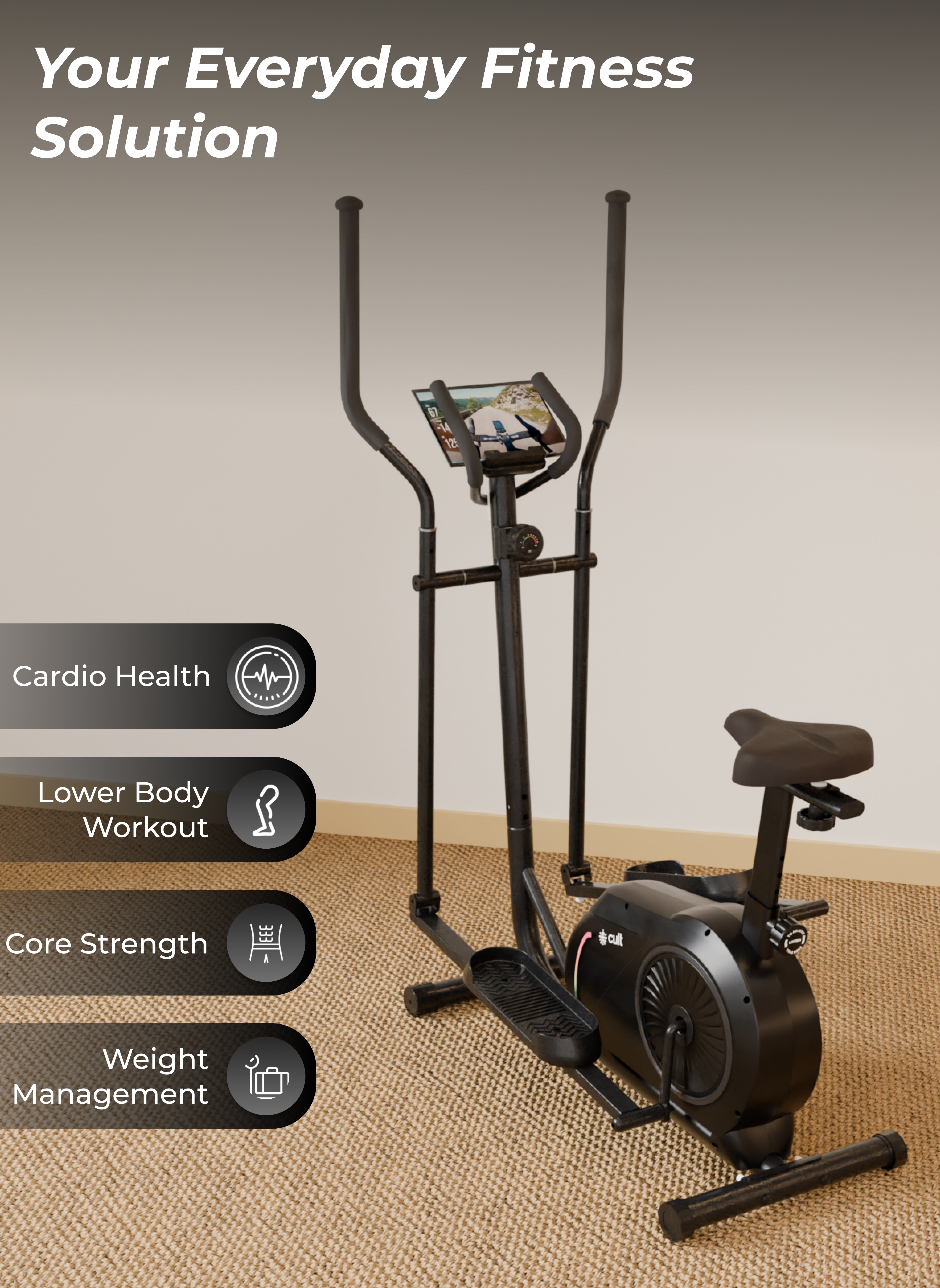 Cult SmartCrossNeo Magnetic Elliptical Trainer | 4Kg Flywheel | Max Weight: 130Kg | Home Use Cross Trainer - Black