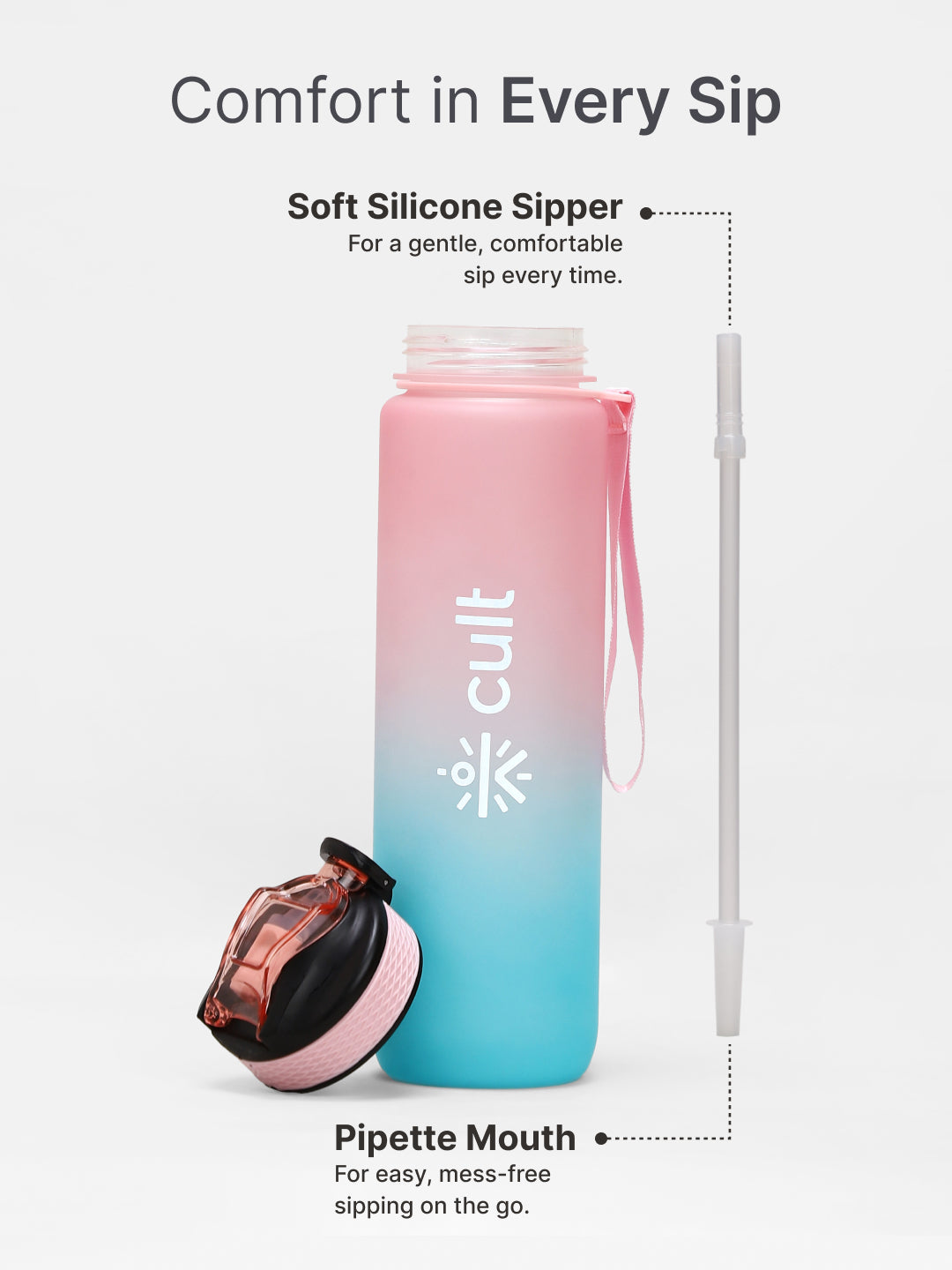 cult Motivational Bottle 1L Unisex Time Mark Sipper with Straw Blue Pink