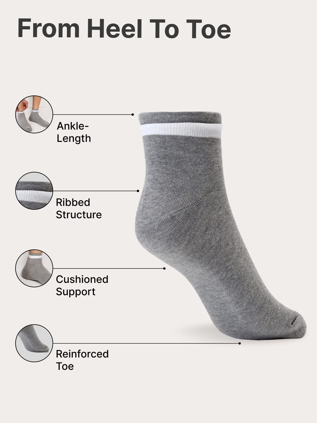 Casual Ankle Length Pack of 3 Grey,Black & White Men's Cotton Socks
