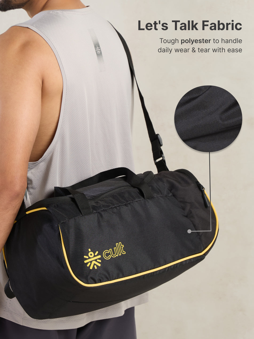 cult 25 Litre Gym Duffle Bag Black Yellow Unisex with Multipockets