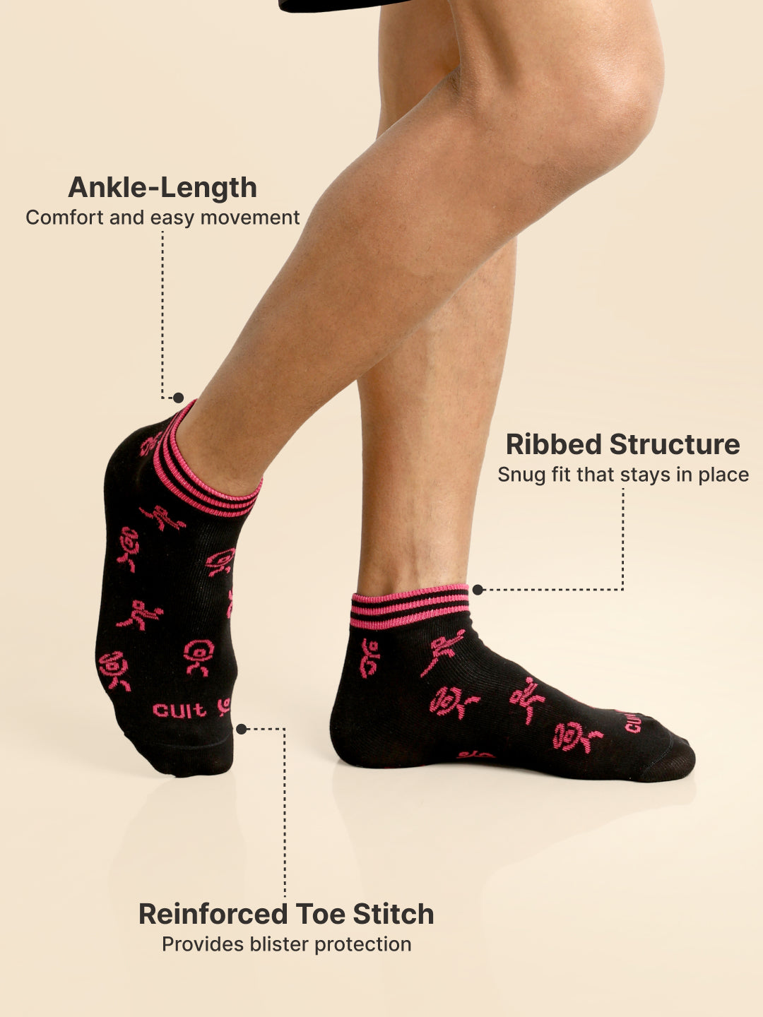 Casual Ankle Length Pack of 3 Black Patterned Men's Cotton Socks