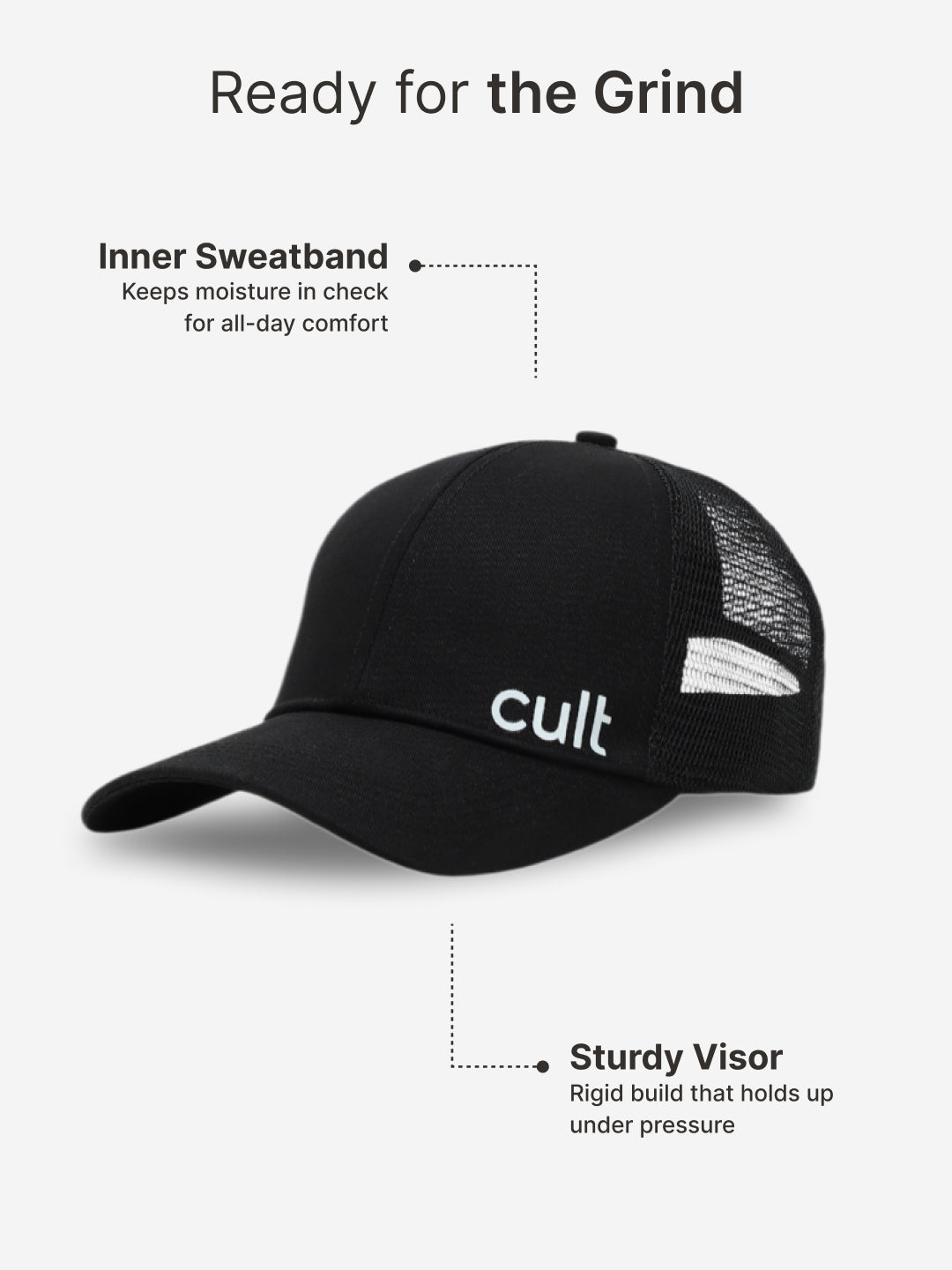 cult Half Mesh Cap Black- Unisex Adjustable Cap for Men & Women