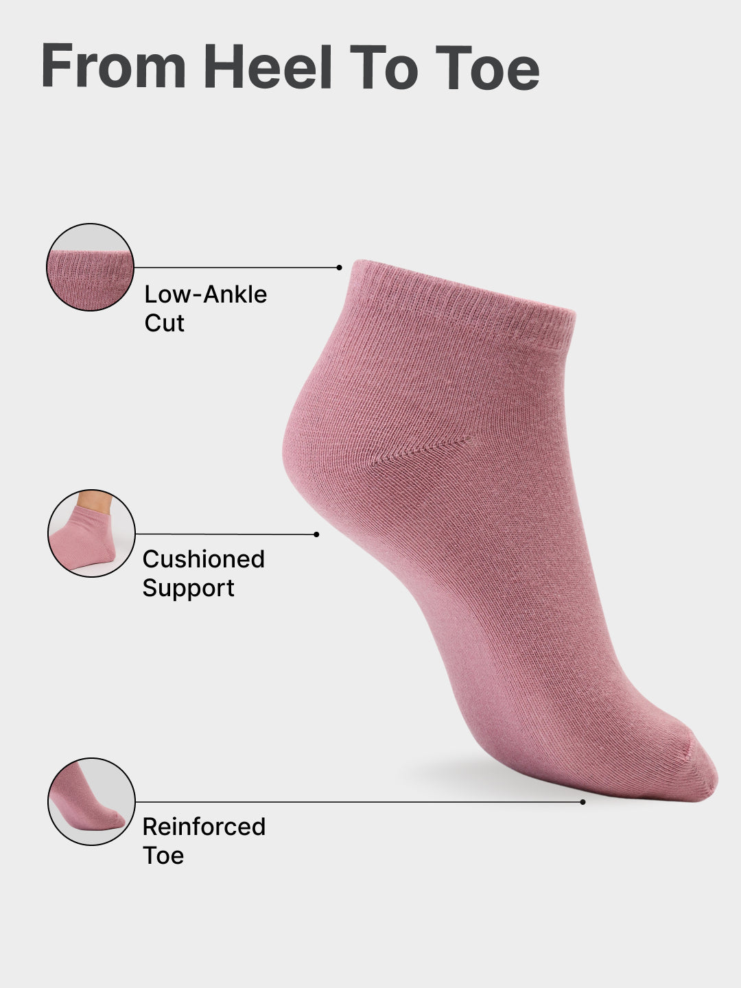 Casual Low Ankle Pack of 5 Pink,Yellow,Powder Blue,Grey & Black Women's Cotton Socks