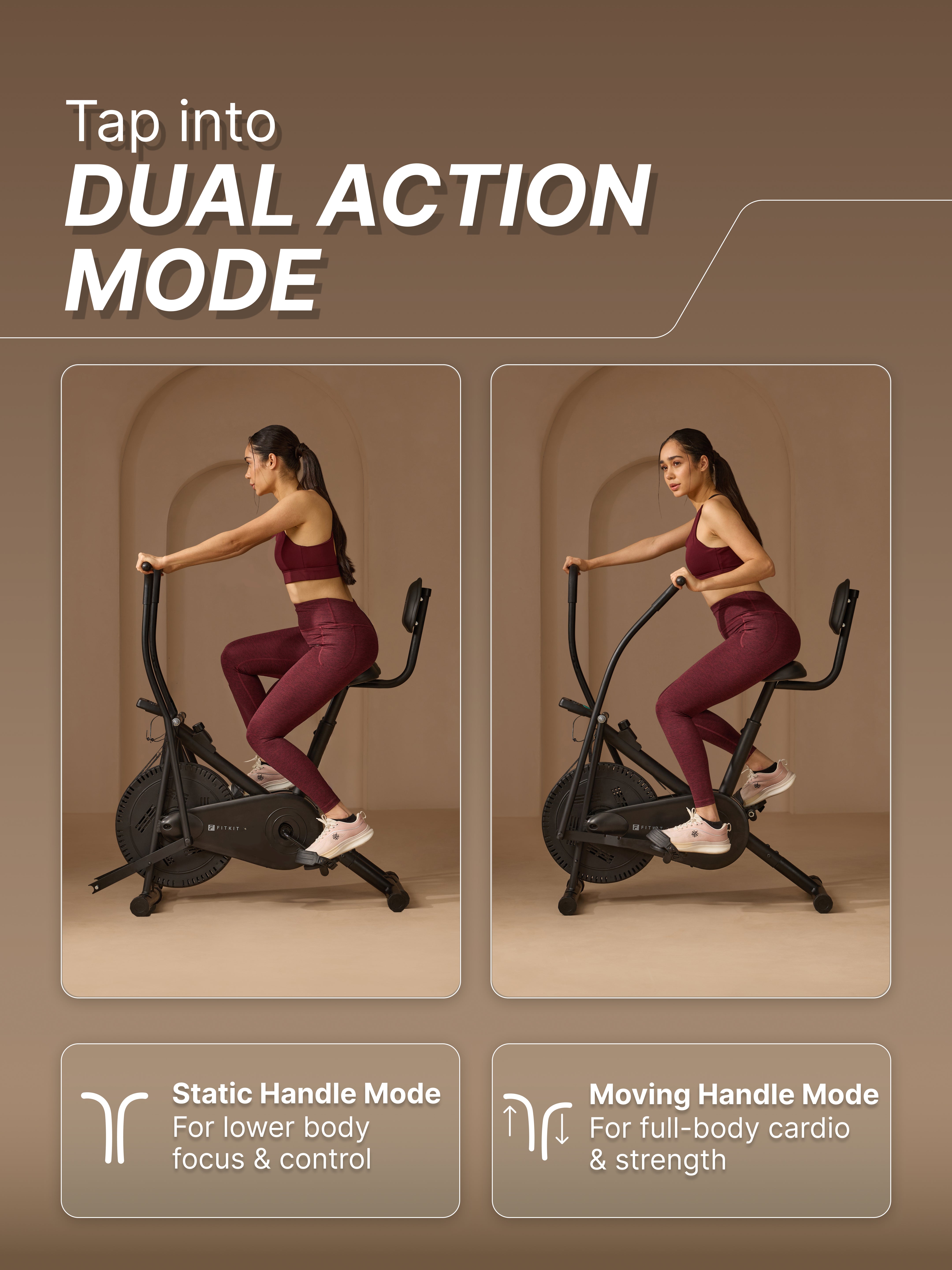 Fitkit Dual Action 2-in-1 Air Bike | Moving & Fixed Handles Exercise Cycle | Adjustable Seat & Anti-Slip Pedals | Direct Resistance | 120 kg Max Weight | Home Use Exercise Bike