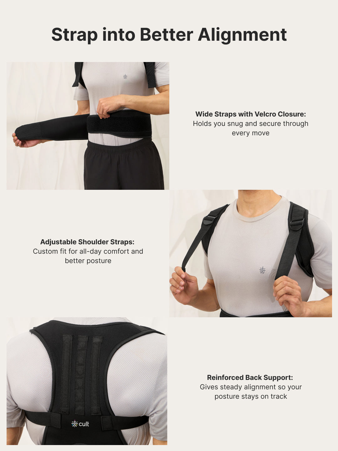 CULT Align Flex Posture Corrector Black Neoprene Back Support Belt for Men & Women Adjustable Spine & Shoulder Brace Breathable, All-Day Comfort Upper Back, Neck & Shoulder Alignment Support