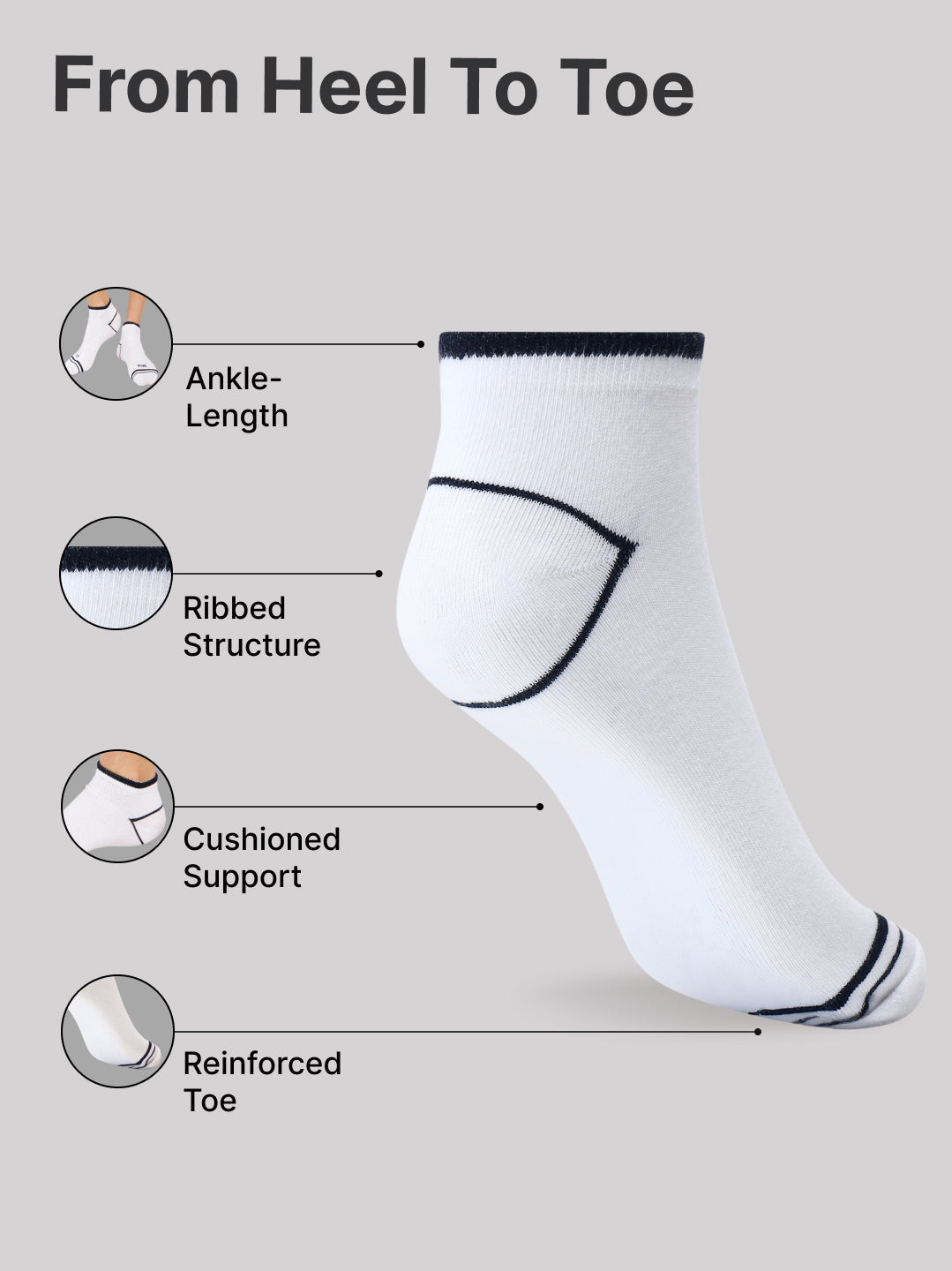Casual Ankle Length Cotton Pack of 3 White Socks Men