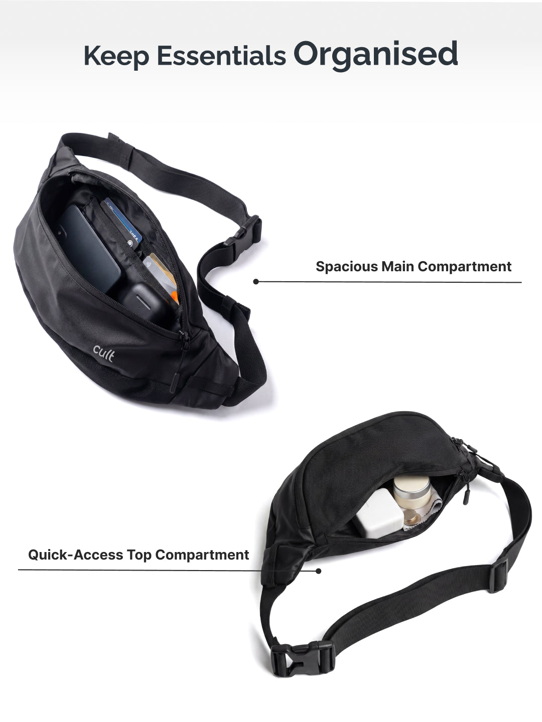 Cult Waist Bag Fanny Pack for Travel & Daily Use Black Unisex
