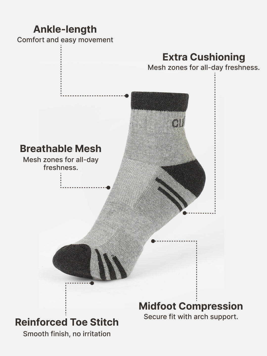 Sports Ankle Length Pack of 3 Colorblocked Anthara,Black & Grey Men's Cotton Socks