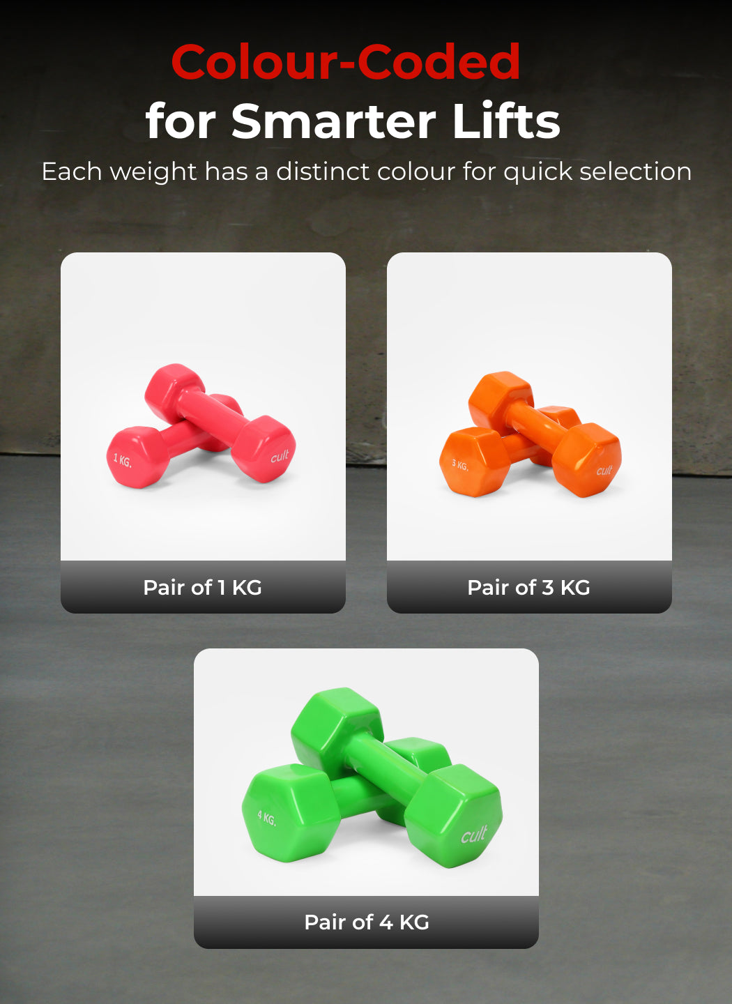 Cult Vinyl Dumbbells Combo for Home Gym Exercise (1kg + 3kg + 4kg Set) 16kg | Dumbbells with Rack