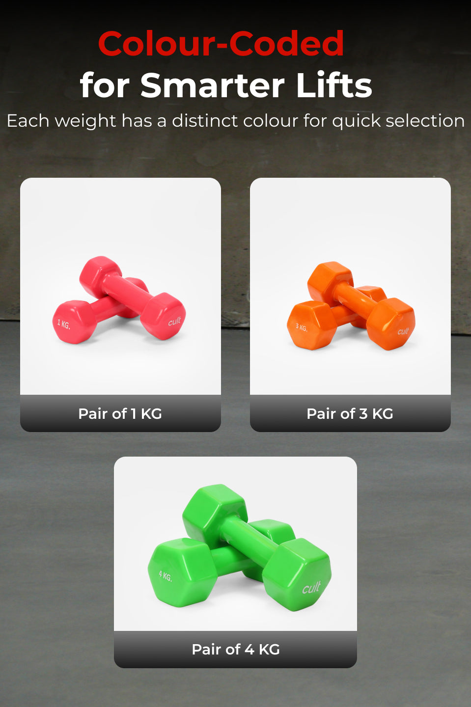 Cult Vinyl Dumbbells Combo for Home Gym Exercise (1kg + 3kg + 4kg Set) 16kg | Dumbbells with Rack