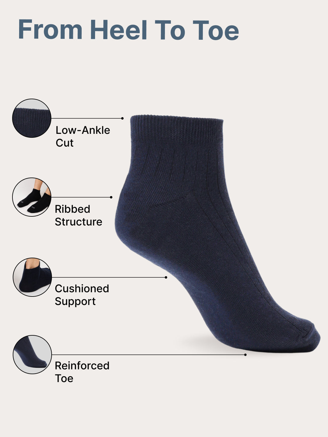 Sports Low Ankle Pack of 5 Navy,White,Grey,Powder Blue & Black Men's Cotton Socks