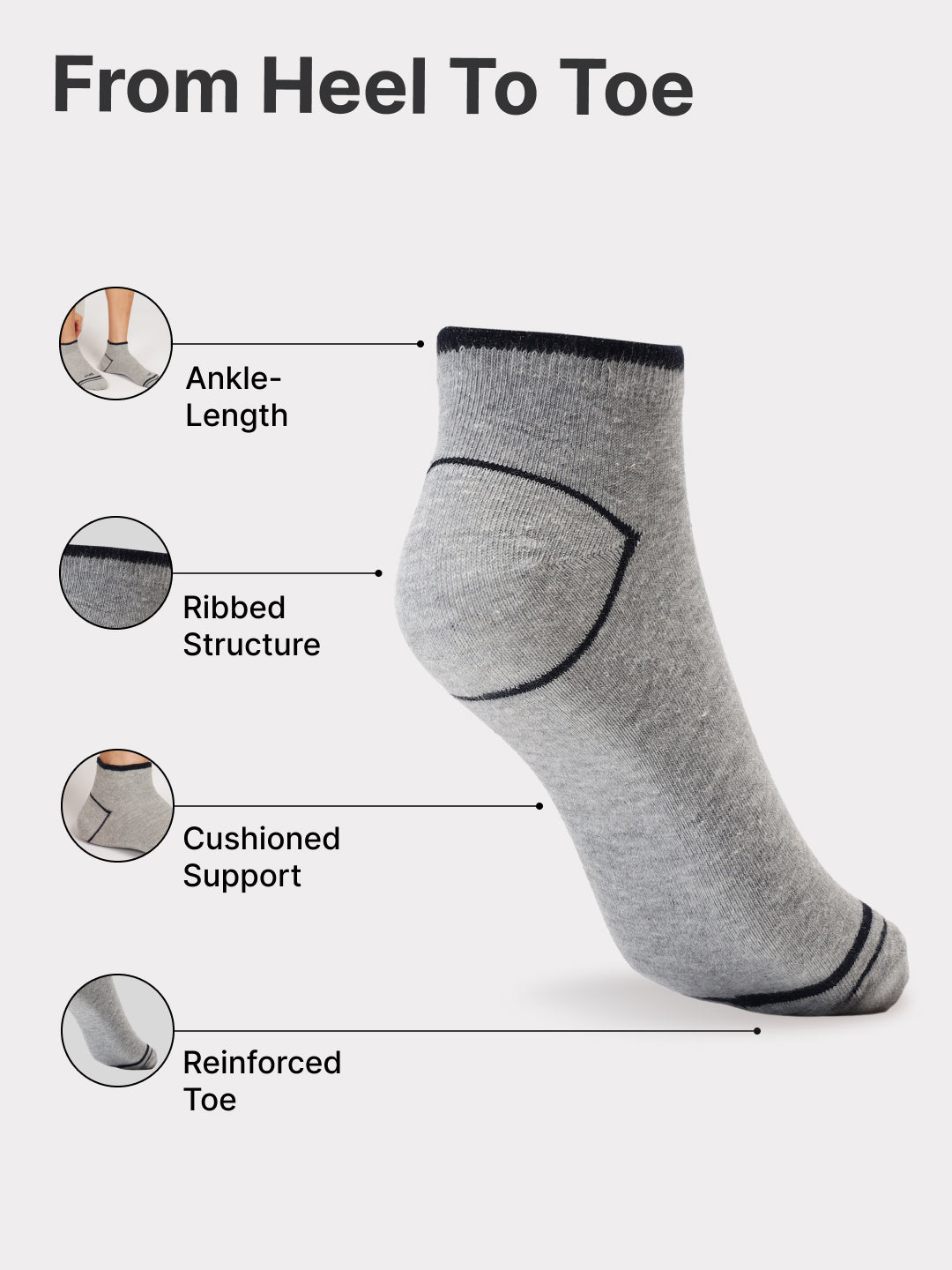 Casual Ankle Length Cotton Pack of 3 Black,White & Grey Socks Men