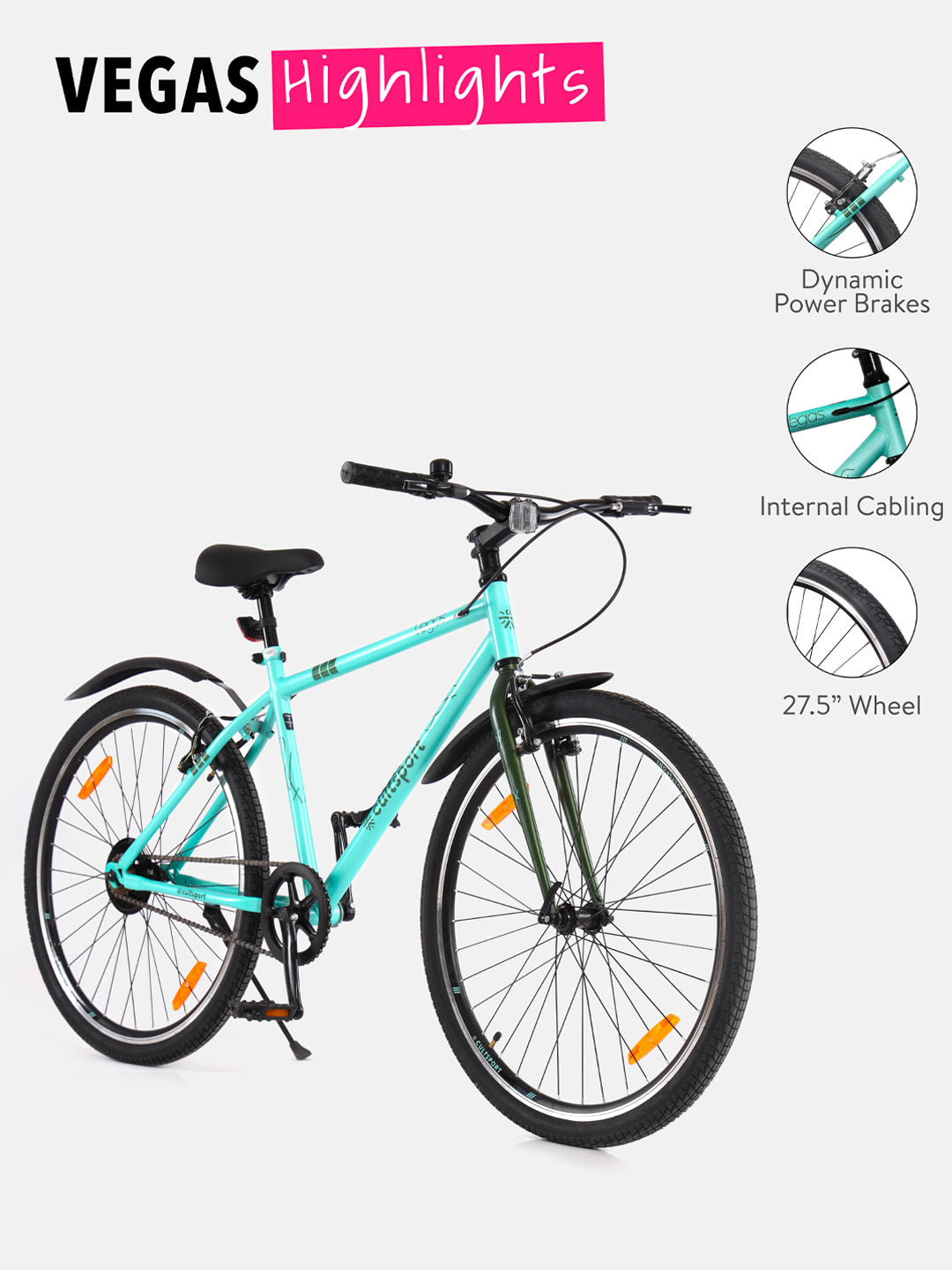 Vegas27.5Green Steel Single Speed Cycle 27.5 inch City Bike Double Wall Rim, Free Trainer Sessions, Cycling Event