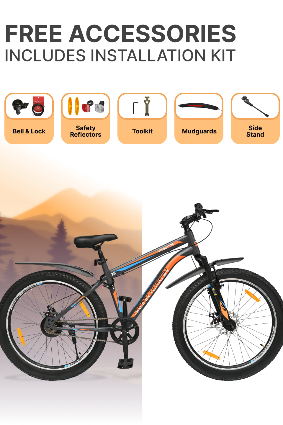 UT5001S26ACC Mountain Cycle Steel Single Speed 26 inch with Dual Disc Brakes, Front Suspension, Double Wall Alloy Rim, Bell & Lock, Black, Free Trainer Sessions, Cycling Event