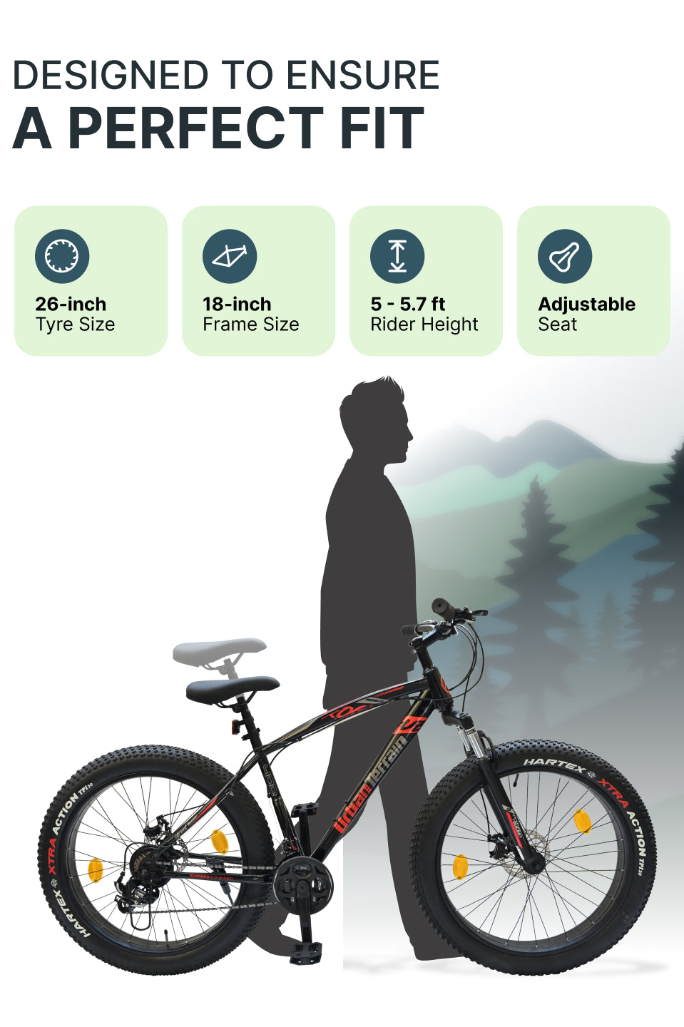Rogue Mountain Bike Steel 21 Speed Cycle 26 inch Fat Tyre, Black With Front Suspension, Single Wall Rim and Dual Disc Brakes, Ideal For 5 ft to 5.7 ft, Free Trainer Sessions and Cycling Event