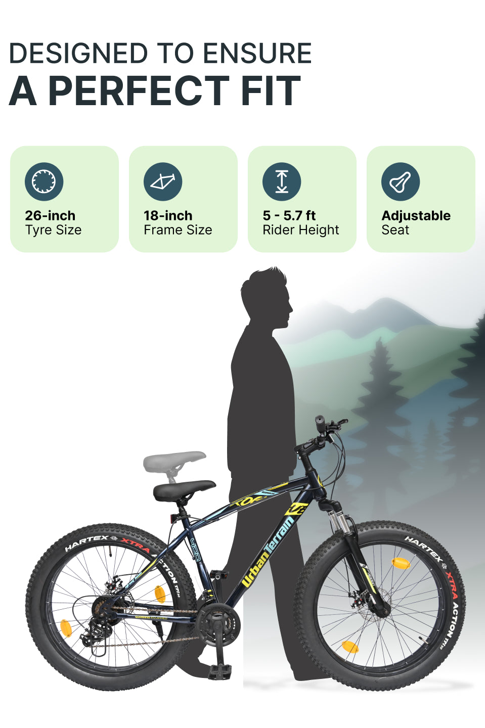 Rogue Mountain Bike Steel 21 Speed Cycle 26 inch Fat Tyre, Blue With Front Suspension, Single Wall Rim and Dual Disc Brakes, Ideal For 5 ft to 5.7 ft