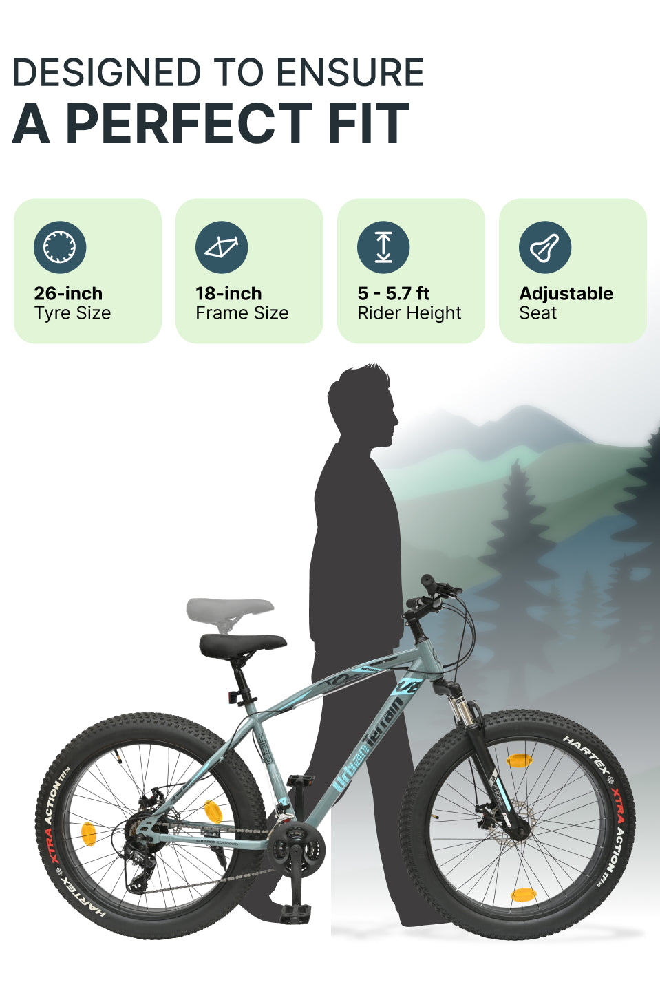 Rogue Mountain Bike Steel 21 Speed Cycle 26 inch Fat Tyre, Grey With Front Suspension, Single Wall Rim and Dual Disc Brakes, Ideal For 5 ft to 5.7 ft