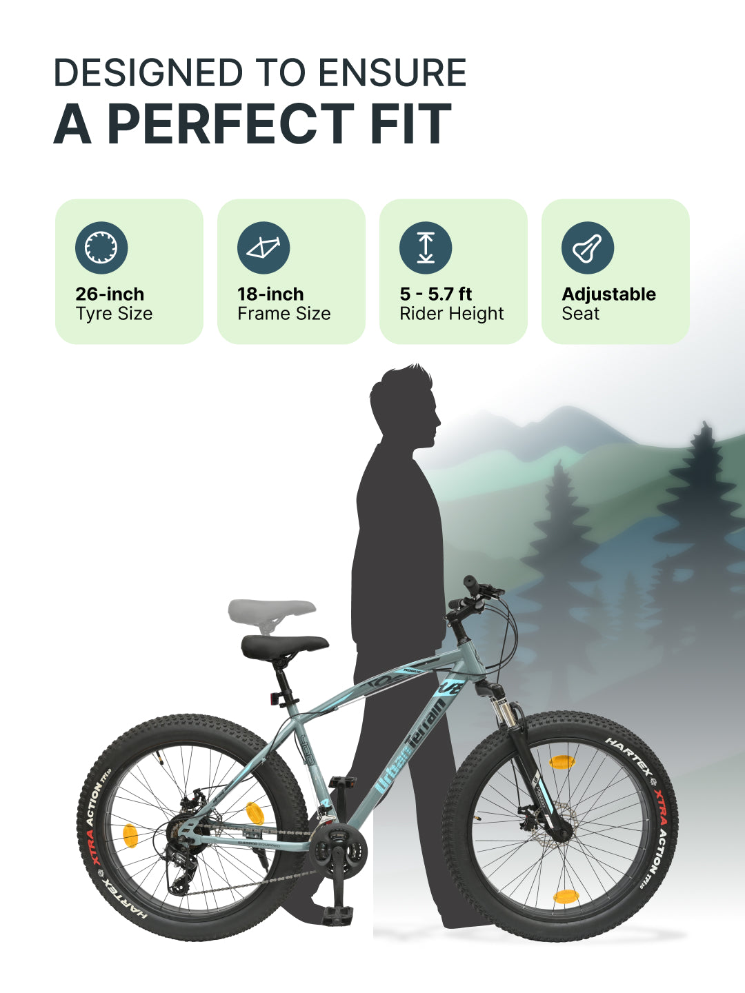 Rogue Mountain Bike Steel 21 Speed Cycle 26 inch Fat Tyre, Grey With Front Suspension, Single Wall Rim and Dual Disc Brakes, Ideal For 5 ft to 5.7 ft