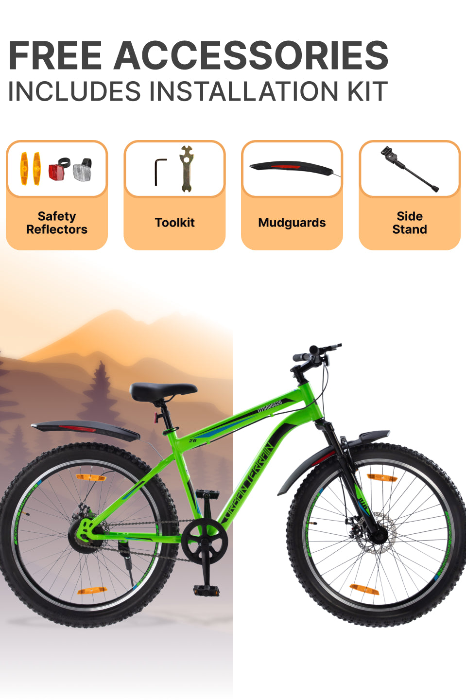 UT5000S26 Mountain Bike Steel Single Speed Cycle 26 Inch Tyre, Dual Disc Brake, Front Suspension, Double Wall Alloy Rim, Green
