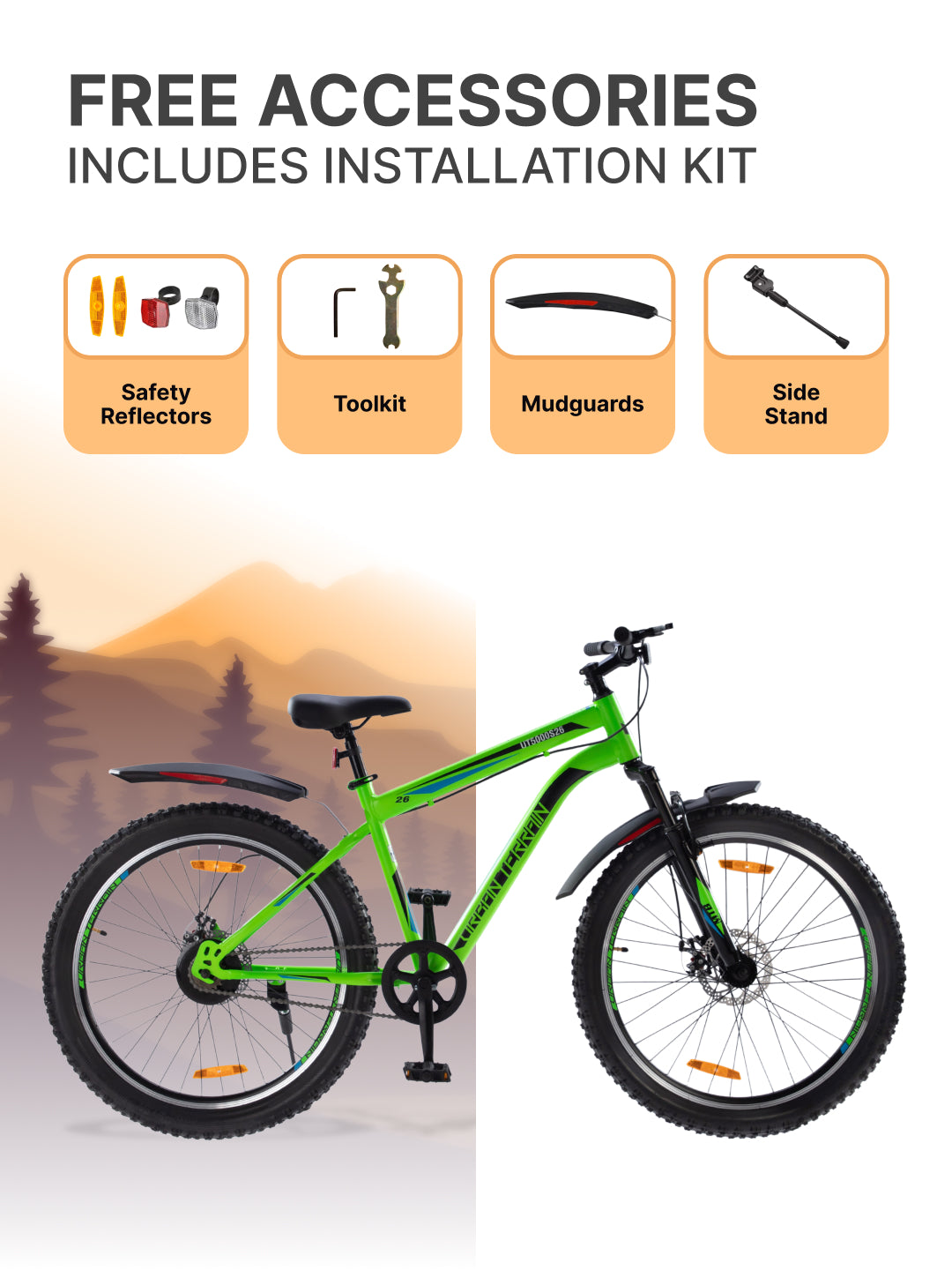 UT5000S26 Mountain Bike Steel Single Speed Cycle 26 Inch Tyre, Dual Disc Brake, Front Suspension, Double Wall Alloy Rim, Green