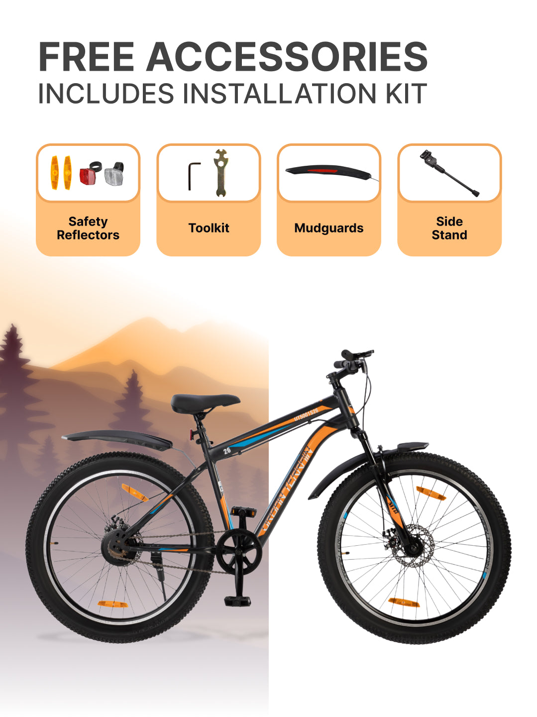 UT5001S26 Mountain Bike Steel Single Speed Cycle 26 inch Tyre, Dual Disc Brake, Front Suspension, Double Wall Alloy Rim, Black