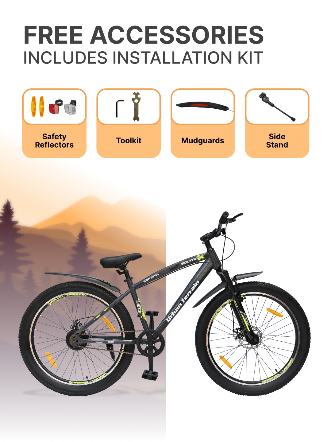 Bolt Pro Mountain Bike Steel Single Speed 27.5 inch Tyre with Dual Disc Brakes, Front Suspension, Double Wall Alloy Rim, Grey
