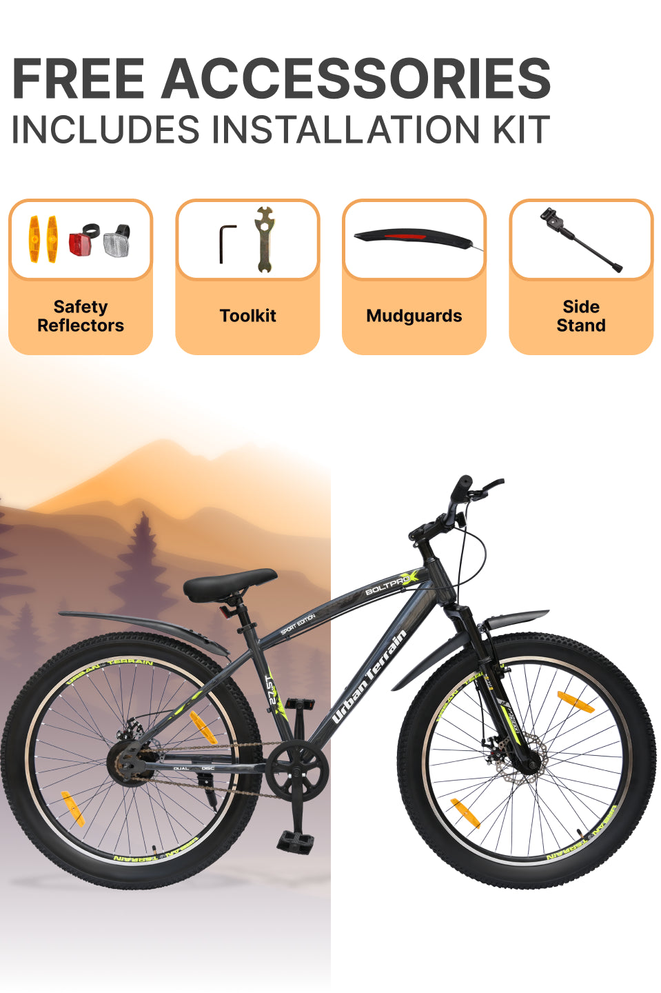 Bolt Pro Mountain Bike Steel Single Speed 27.5 inch Tyre with Dual Disc Brakes, Front Suspension, Double Wall Alloy Rim, Grey