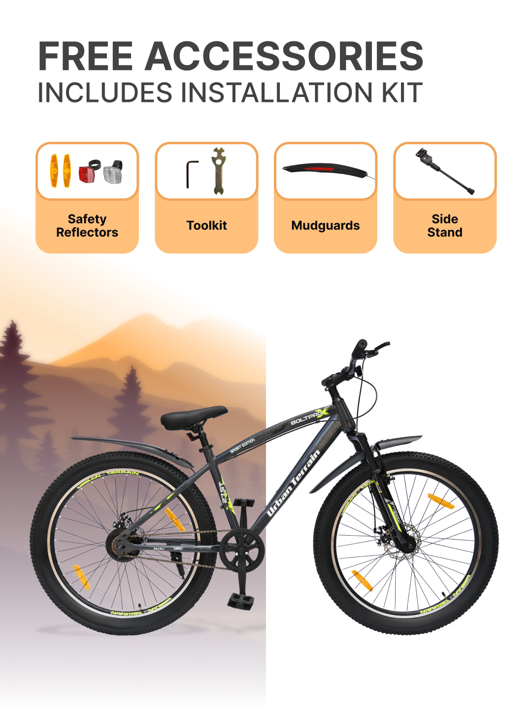 Bolt Pro Mountain Bike Steel Single Speed 27.5 inch Tyre with Dual Disc Brakes, Front Suspension, Double Wall Alloy Rim, Grey