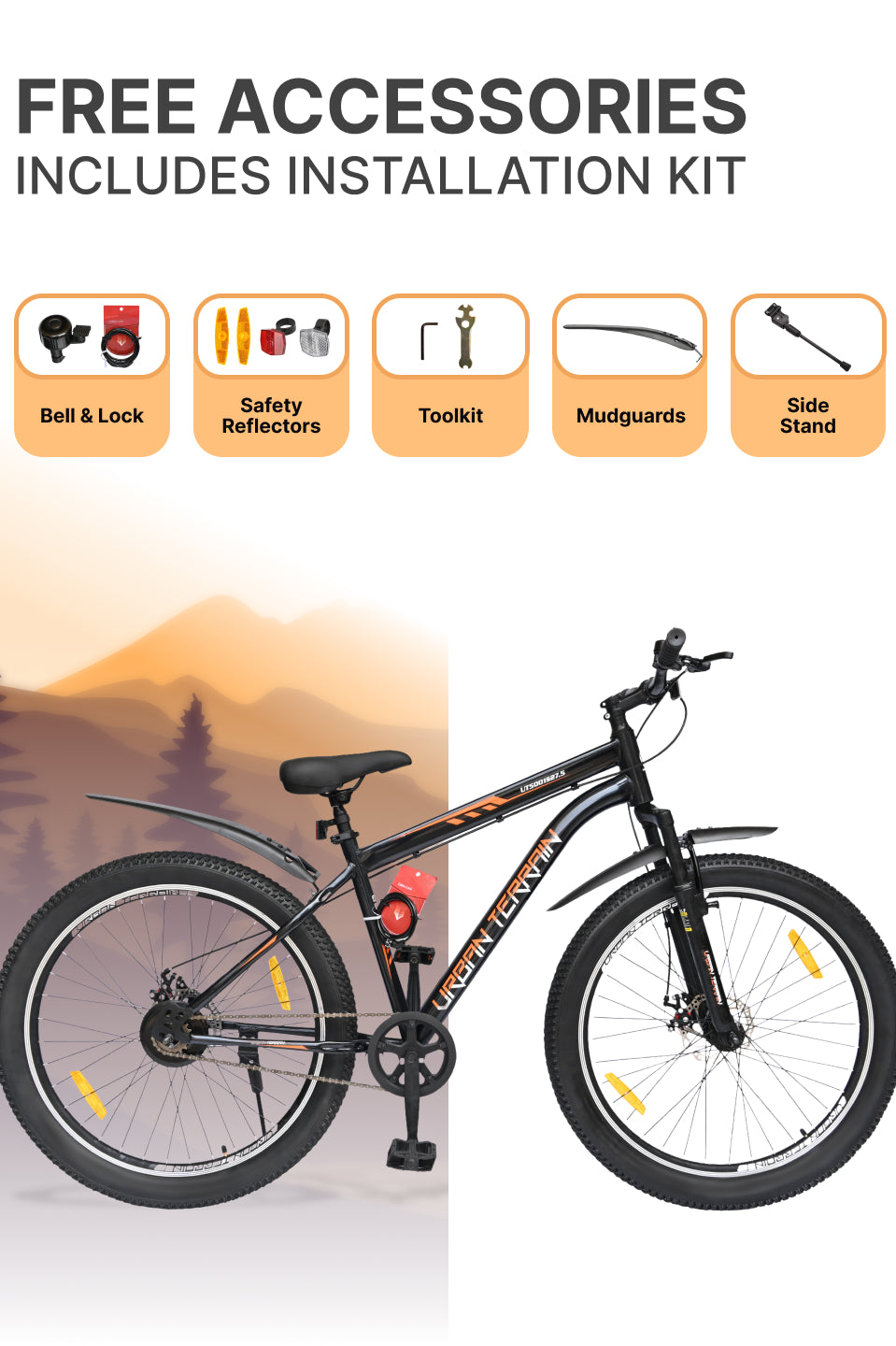 UT5001S27ACC Mountain Cycle Steel Single Speed 27.5 inch with Dual Disc Brakes, Front Suspension, Double Wall Alloy Rim, Bell & Lock, Black