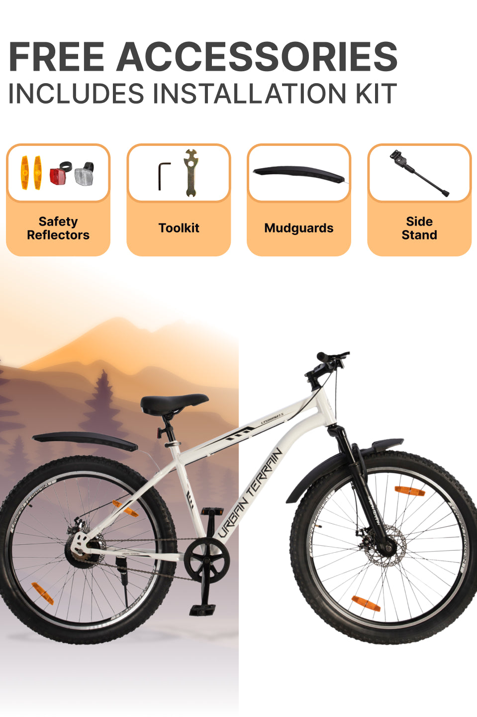 UT5000S27.5 Mountain Cycle Steel Single Speed Cycle 27.5 inch, Dual Disc Brakes, Front Suspension, Double Wall Alloy Rim, White