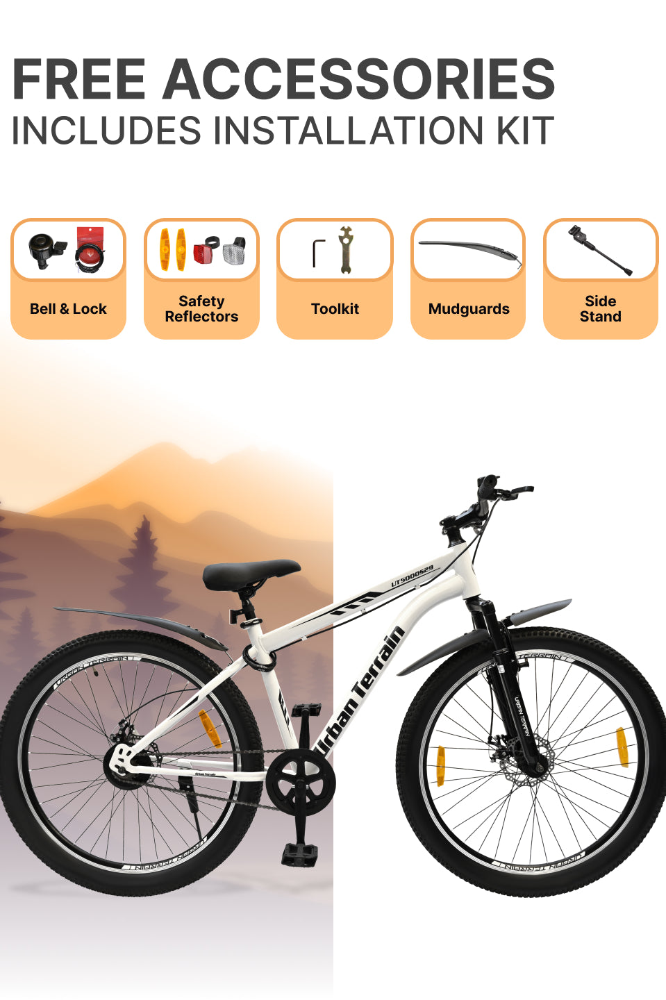 UT5000S29ACC Mountain Cycle Steel Single Speed 29 inch with Dual Disc Brakes, Front Suspension, Double Wall Alloy Rim, Bell & Lock, White