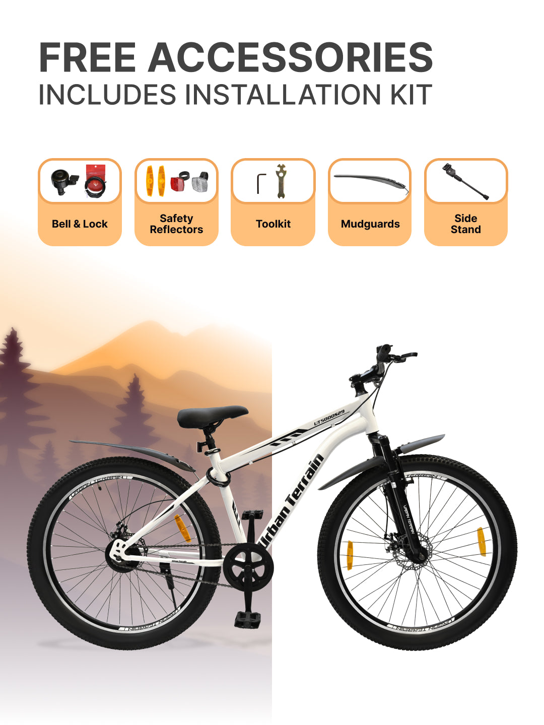 UT5000S29ACC Mountain Cycle Steel Single Speed 29 inch with Dual Disc Brakes, Front Suspension, Double Wall Alloy Rim, Bell & Lock, White